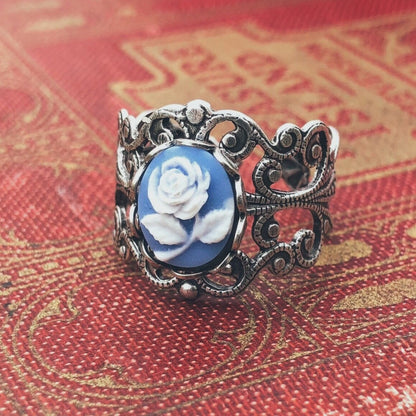 Blue Rose Cameo Filigree Ring in Antiqued Silver or Brass