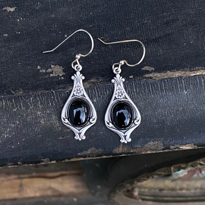 Antiqued silver vintage style stone drop black onyx oval mineral hook earrings.