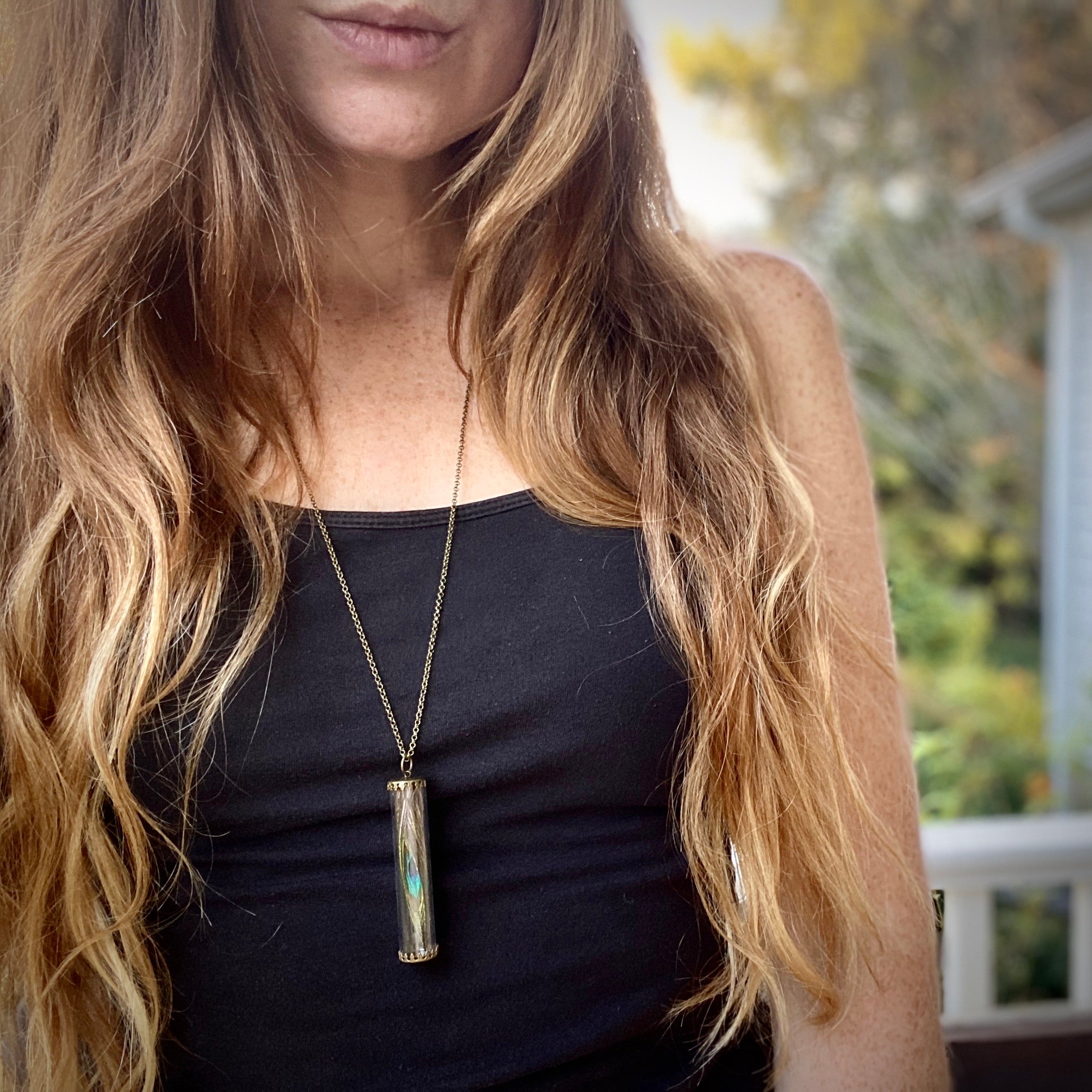 Peacock Feather Pendant Necklace in Antiqued Brass