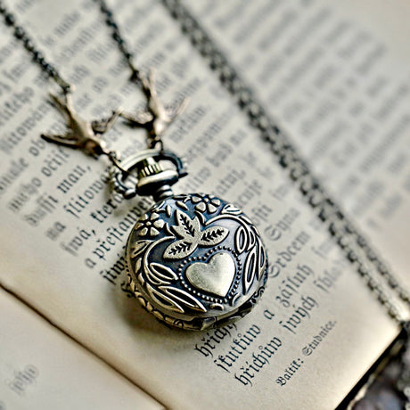 Brass Pocket Watch Necklace with Heart