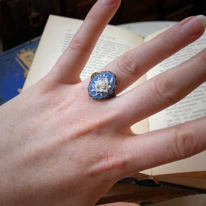 Blue Rose Cameo Ring in Antiqued Silver or Brass