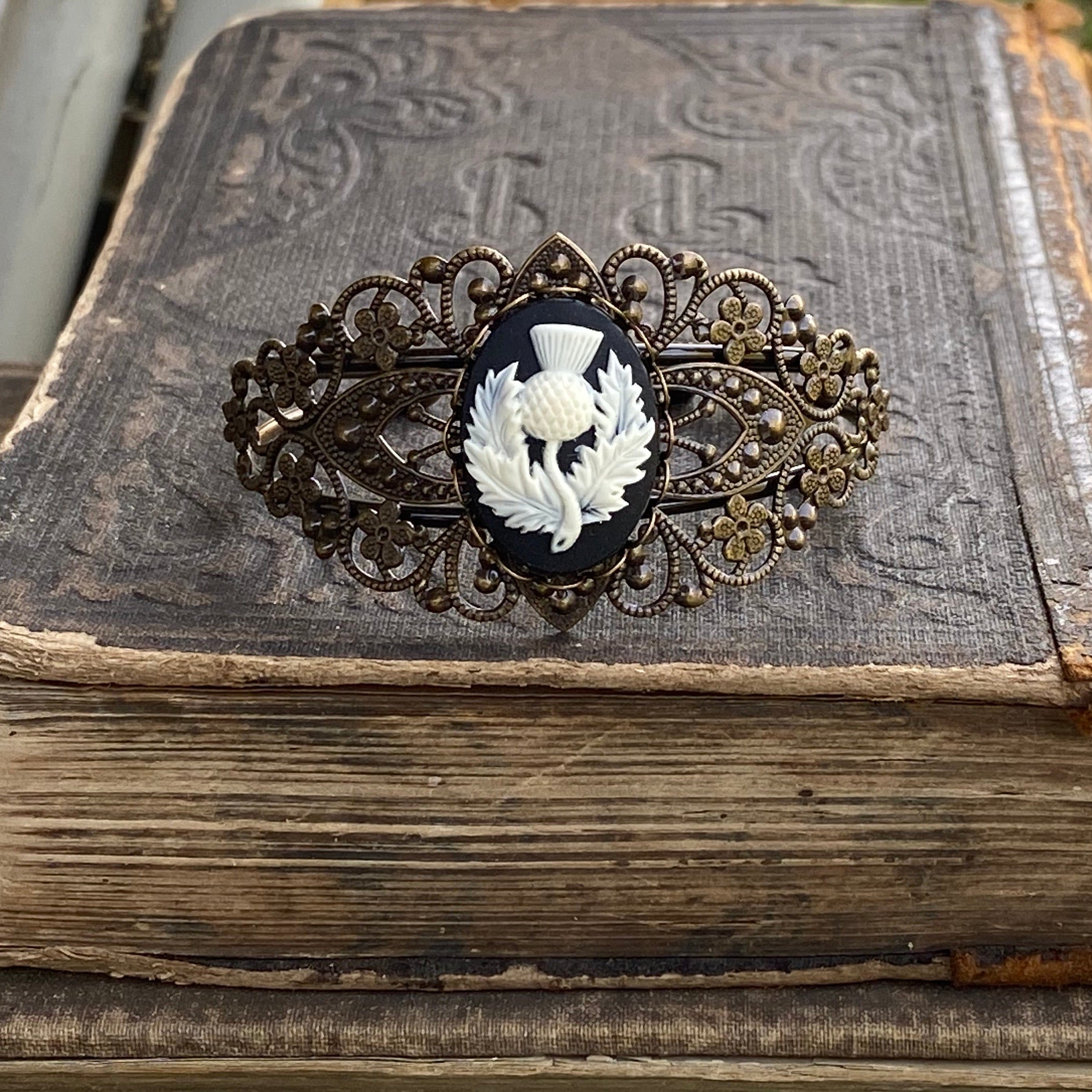 Thistle Cameo Cuff Bracelet- Adjustable Antiqued Bronze Vintage Victorian Filigree Style Thistle Horse