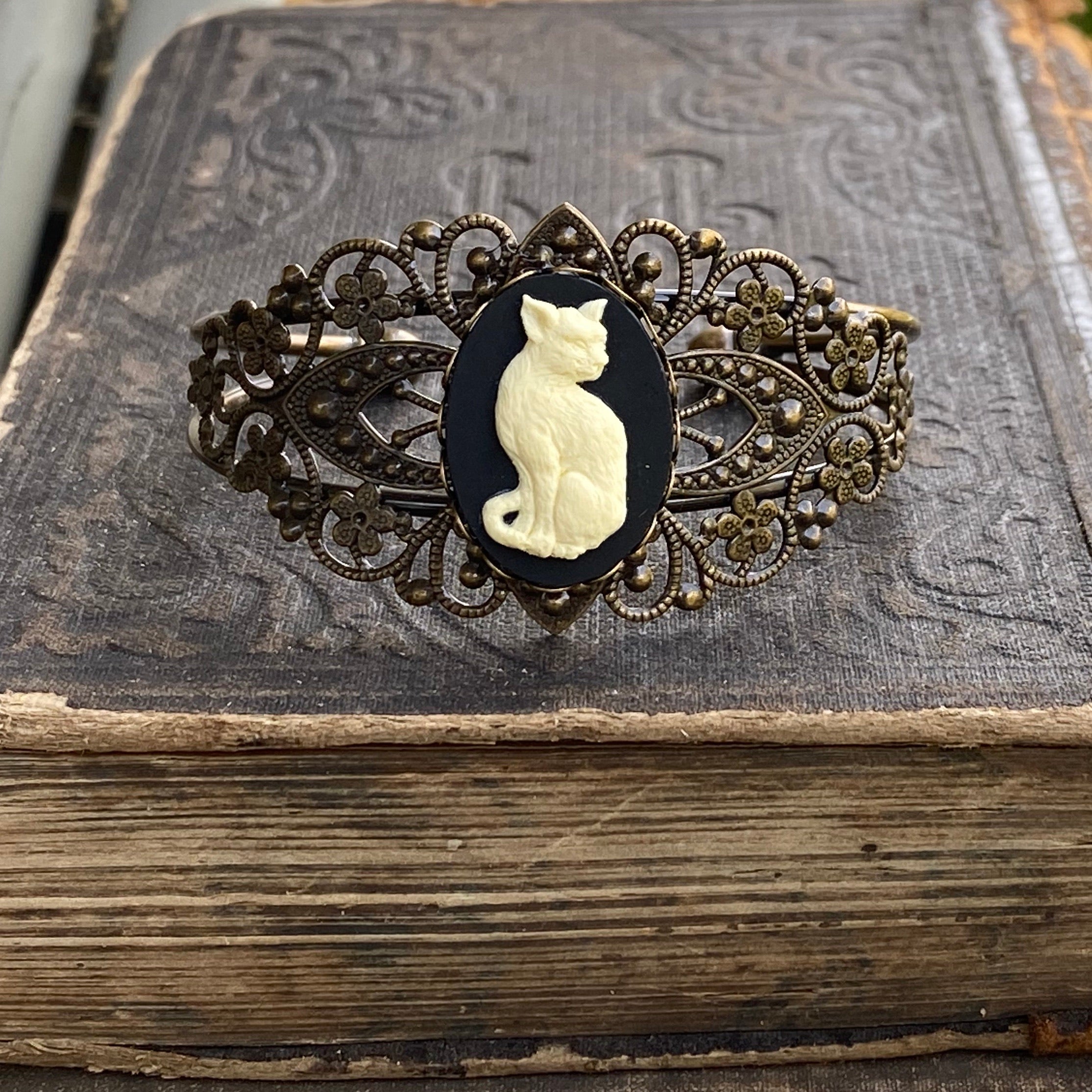 Cat Filigree Cuff Adjustable Bracelet in Black and White - Antiqued Brass