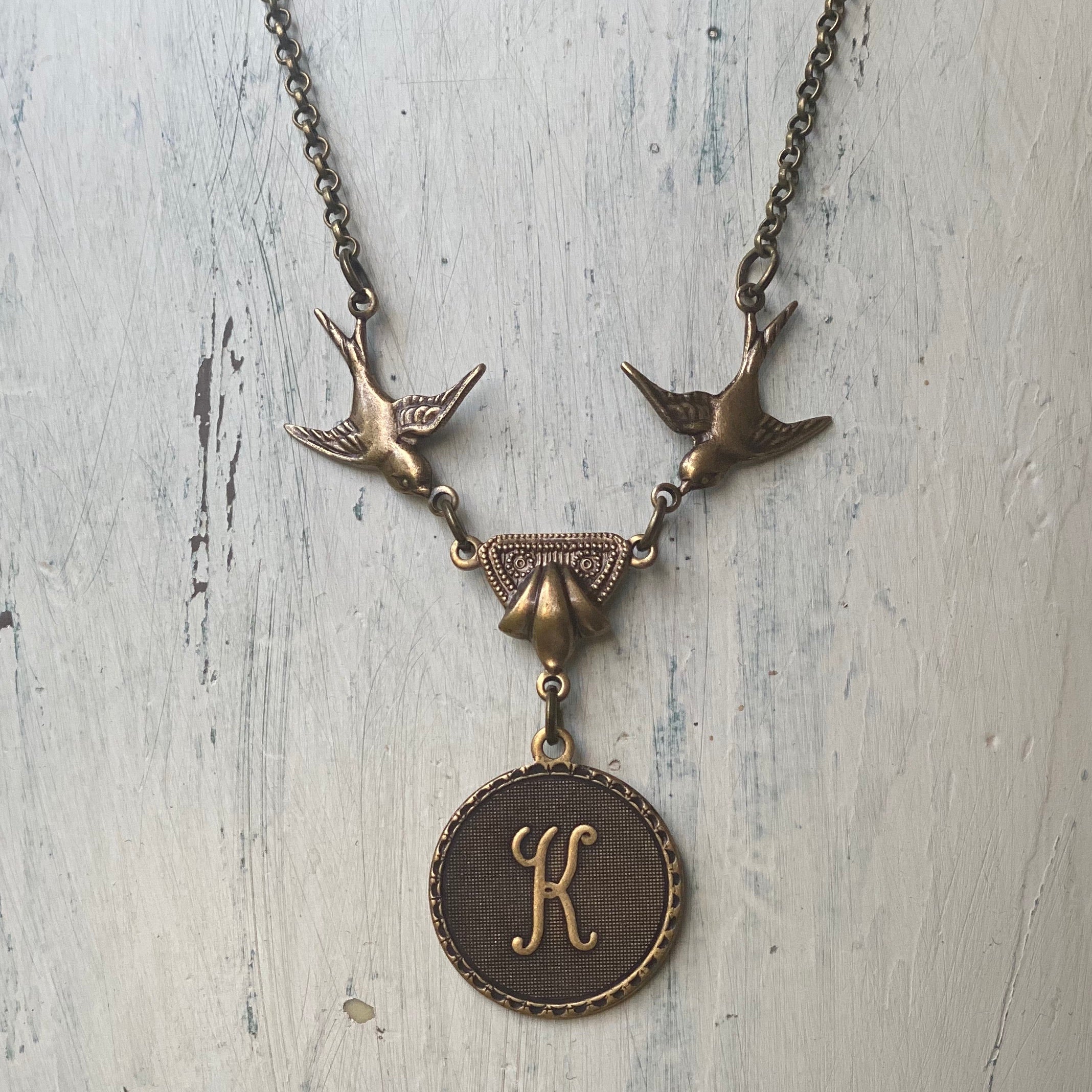 Initial Letter Necklace with Birds