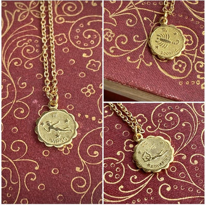 Gold or Silver Zodiac Charm Necklace - Aries Taurus Gemini Cancer Leo Virgo Libra Scorpio Sagittarius Capricorn Aquarius Pisces