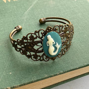 Mermaid Filigree Cuff Bracelet in Turquoise or Black - Antiqued Brass