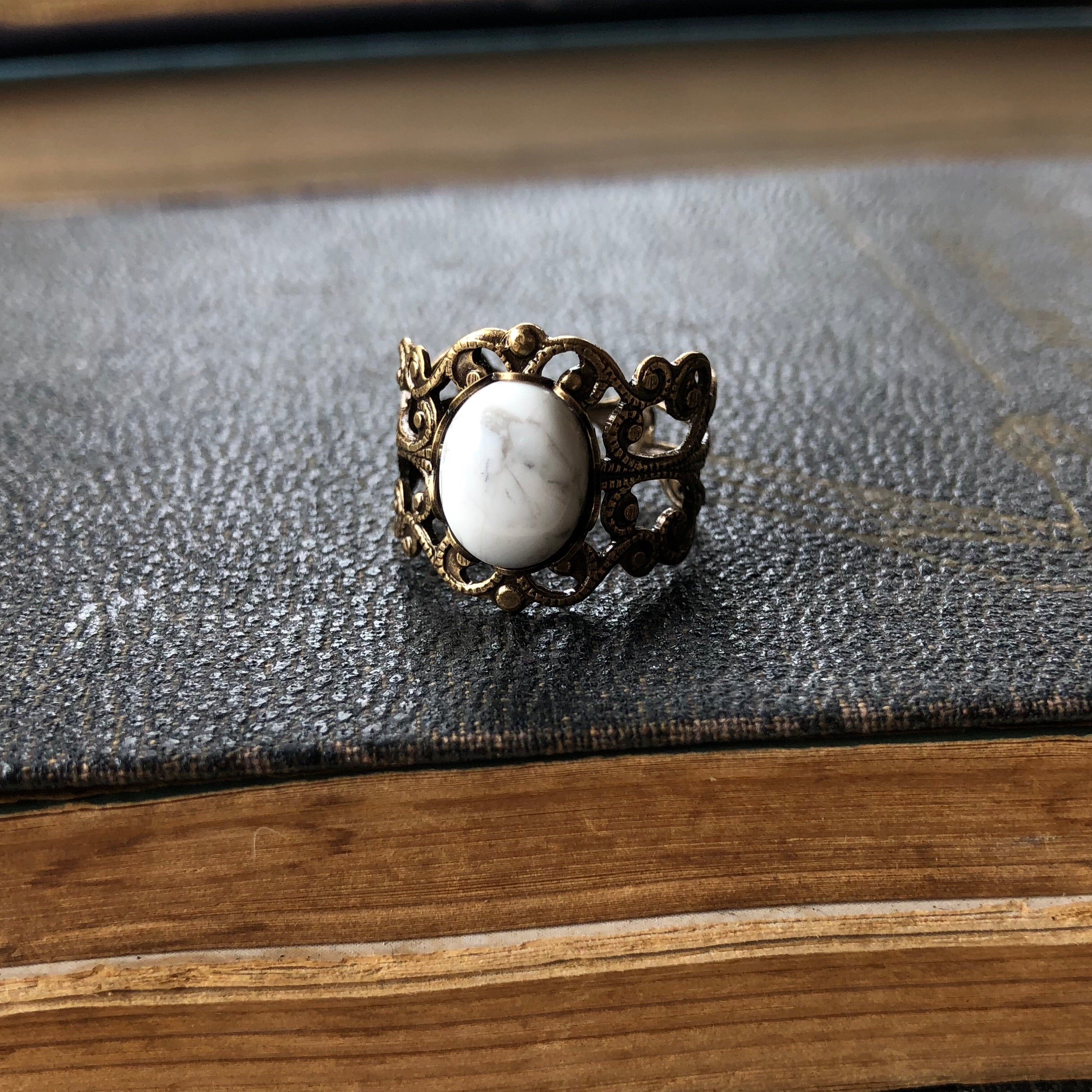 White Howlite Adjustable Filigree Ring