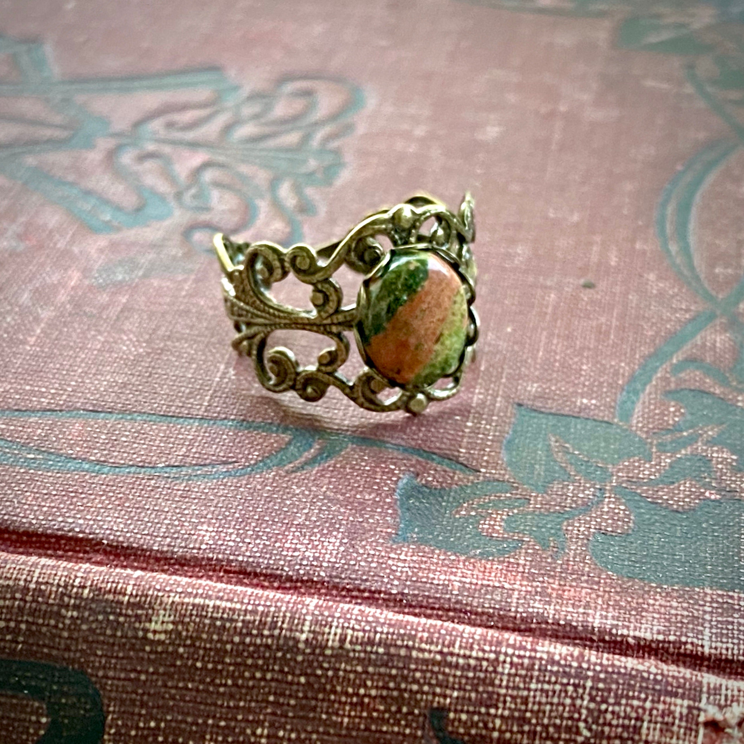 Unakite Stone Adjustable Filigree Ring