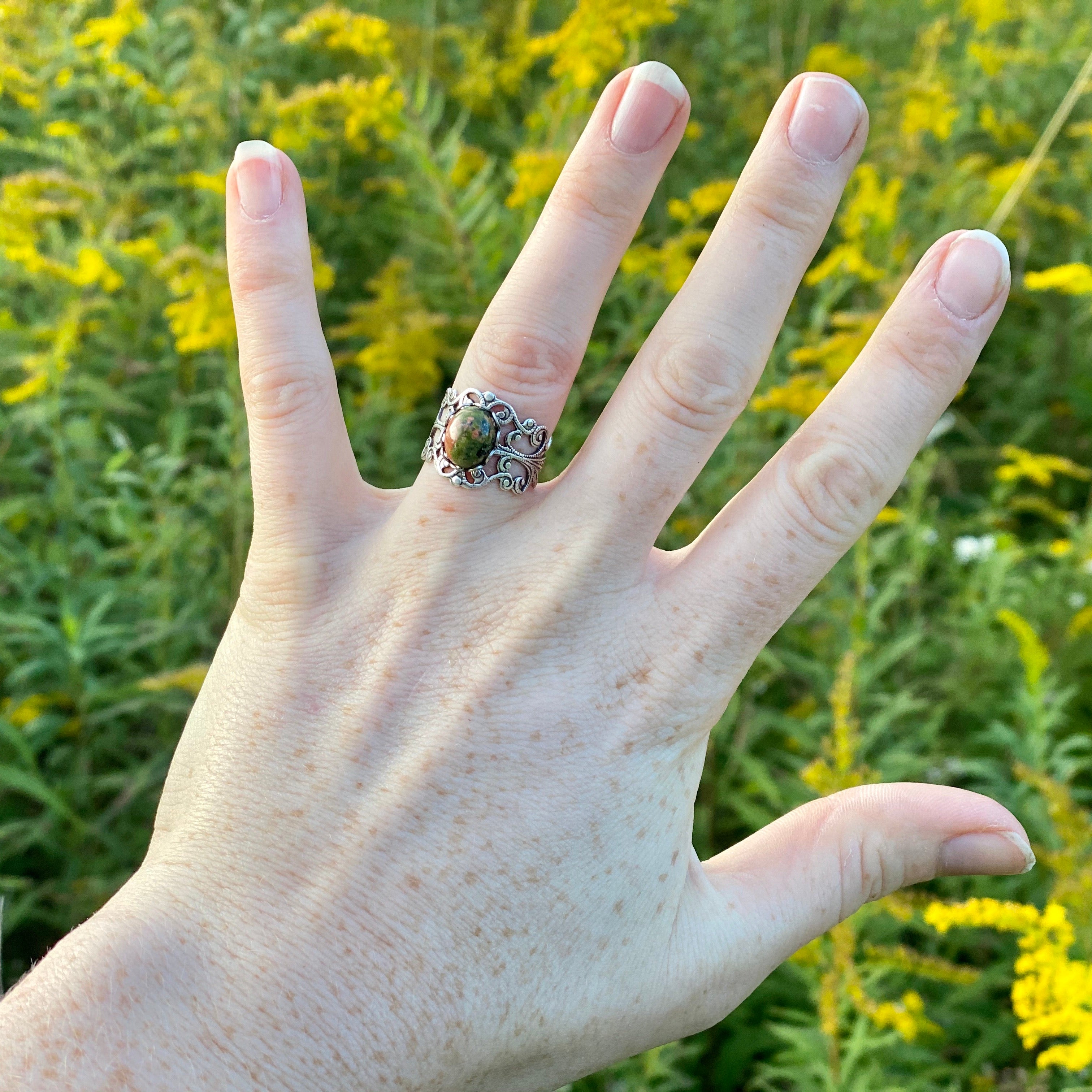 Unakite Stone Adjustable Filigree Ring