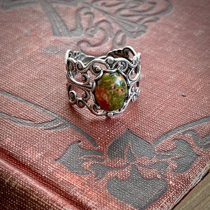 Unakite Stone Adjustable Filigree Ring