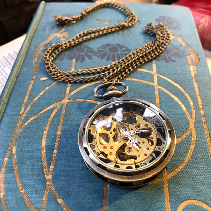 Black Postmodern Mechanical Pocket Watch on Necklace or Pocket Chain