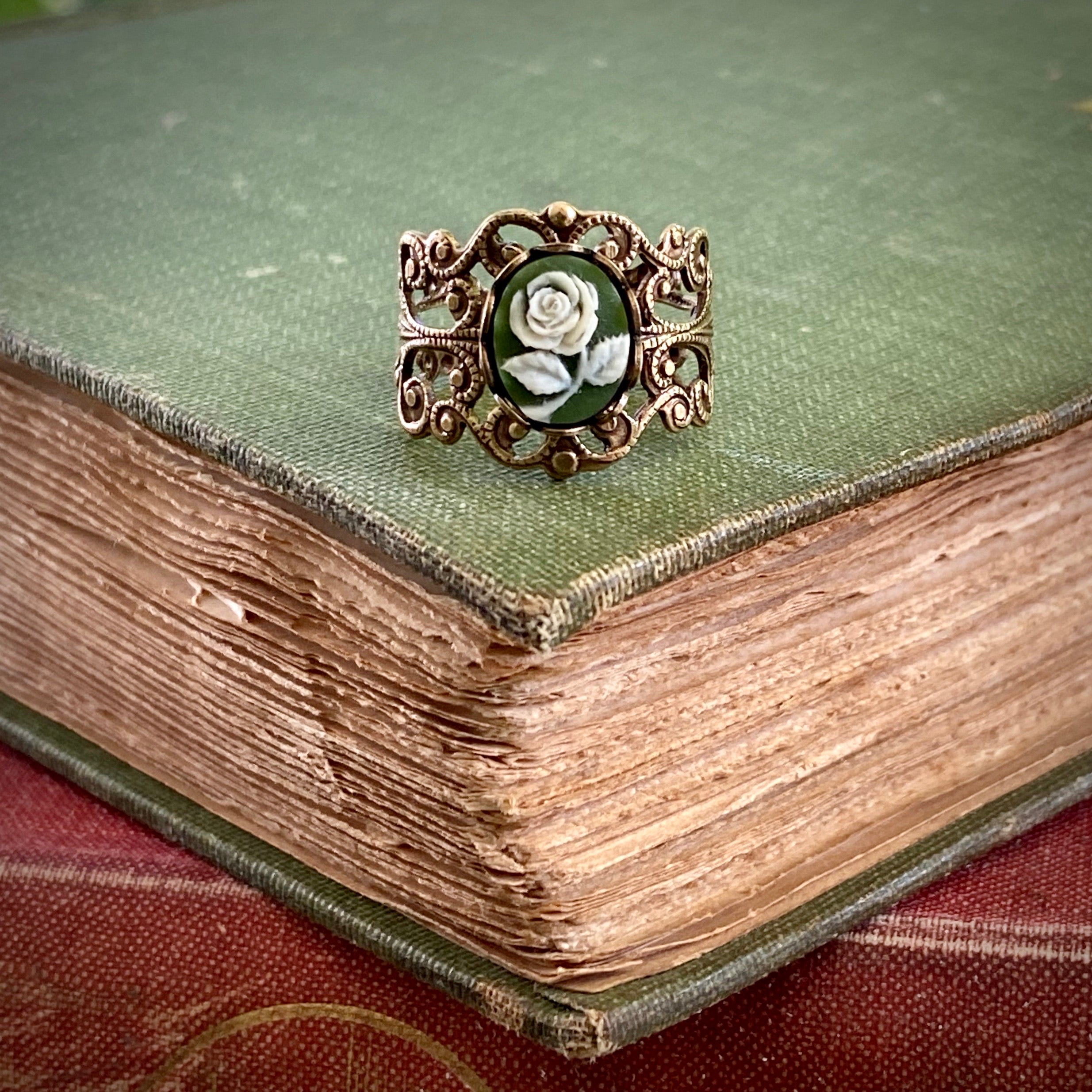 Blue Rose Cameo Filigree Ring in Antiqued Silver or Brass