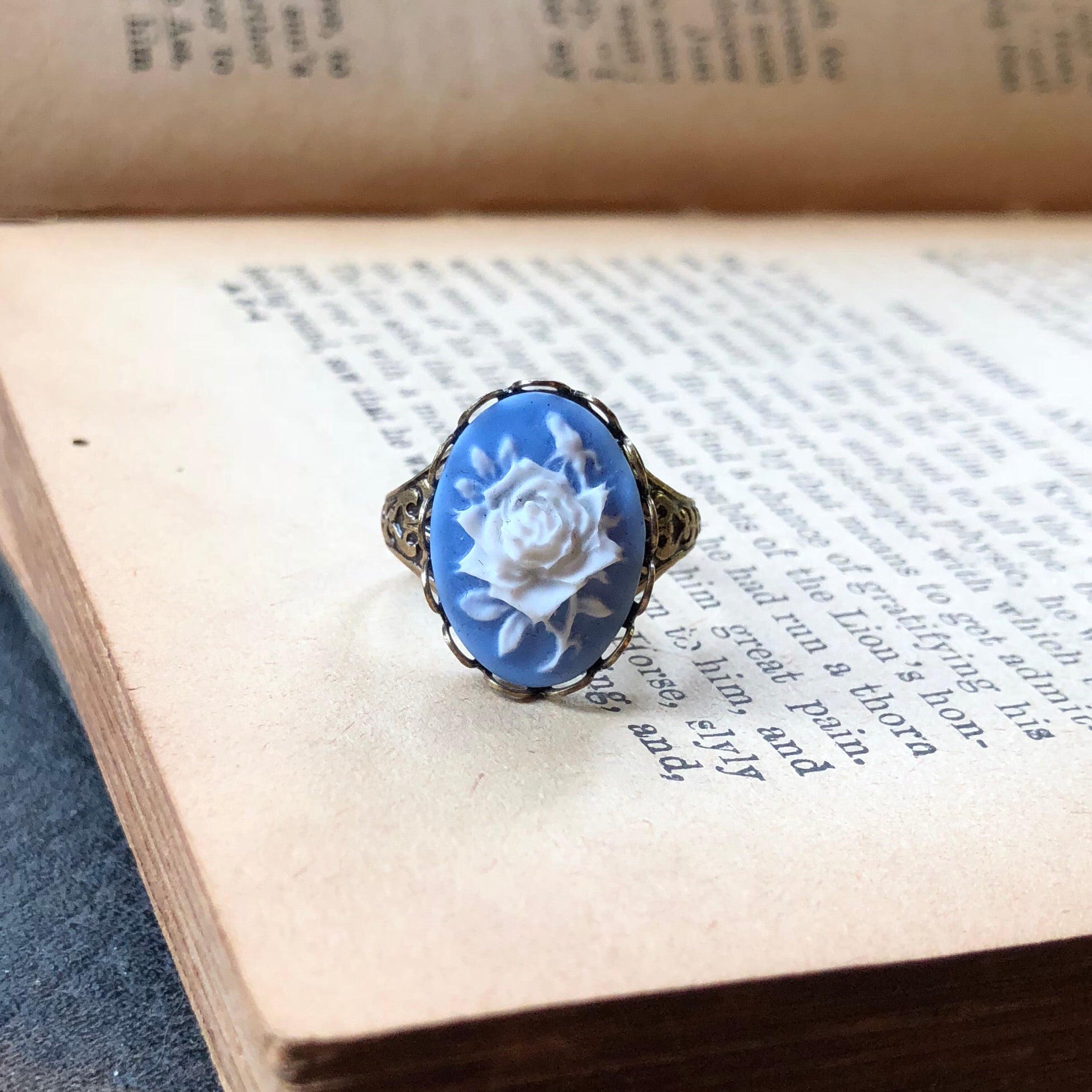 Blue Rose Cameo Ring in Antiqued Silver or Brass