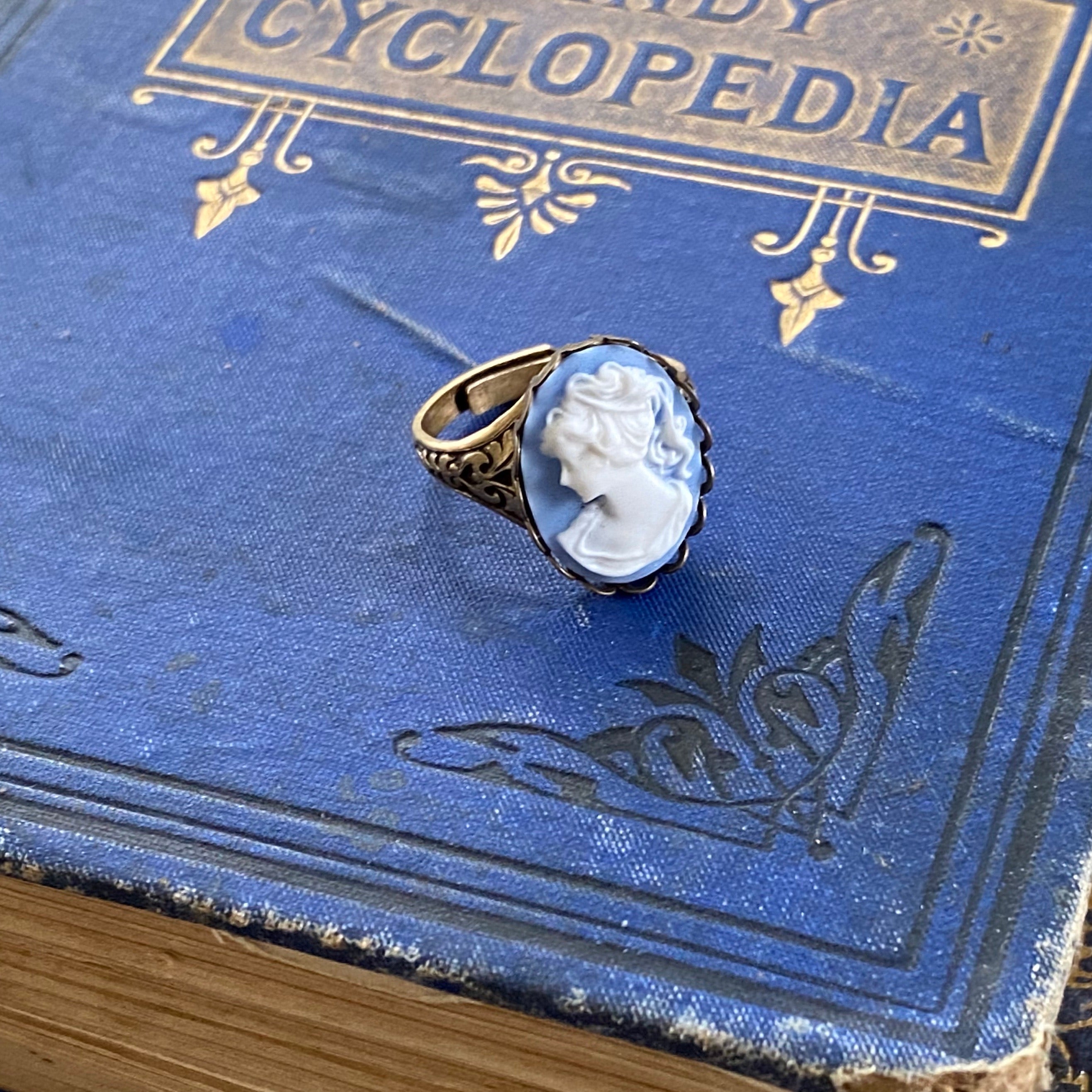 Blue Lady Cameo Ring in Antiqued Silver