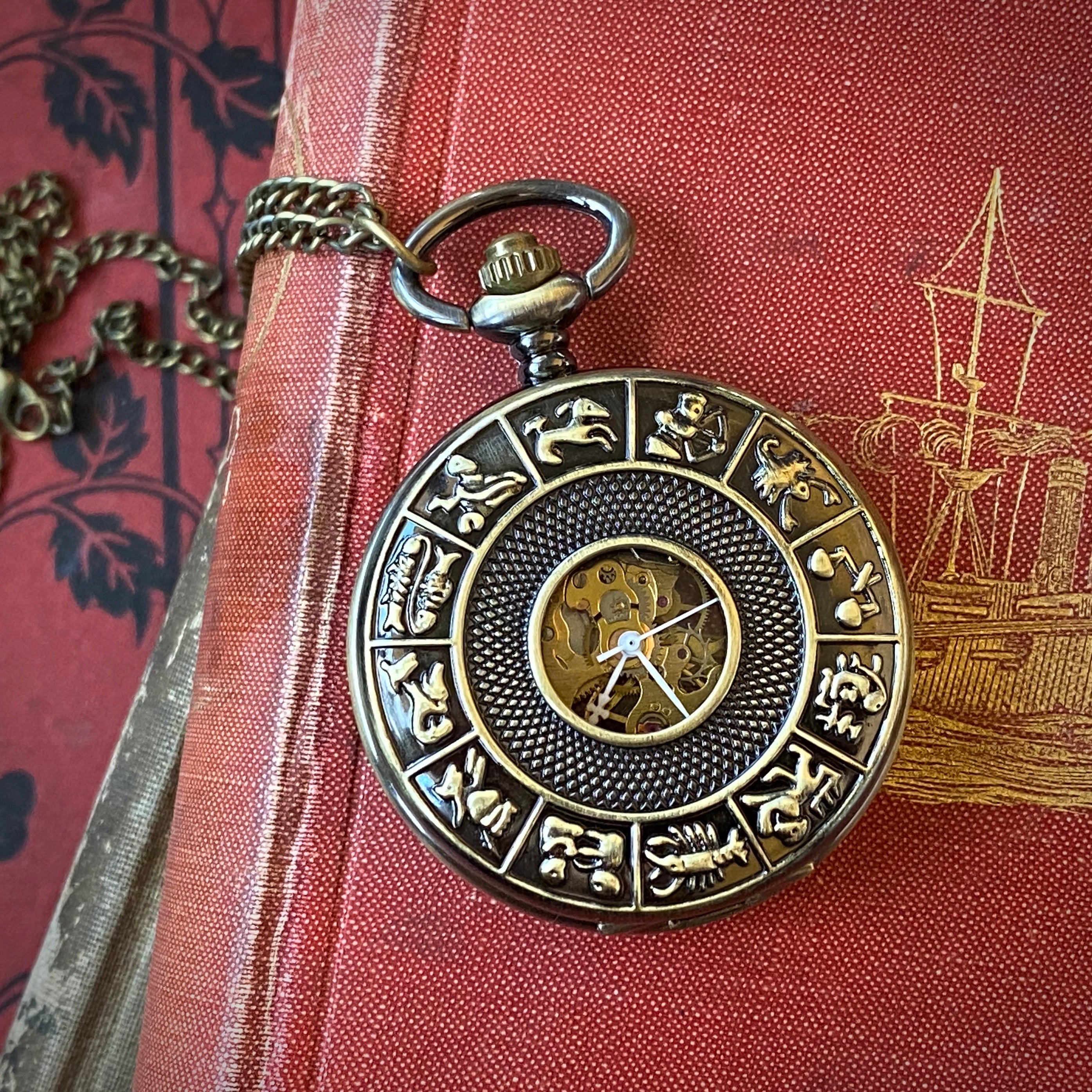 Brass Zodiac Mechanical Pocket Watch on Fob or Necklace