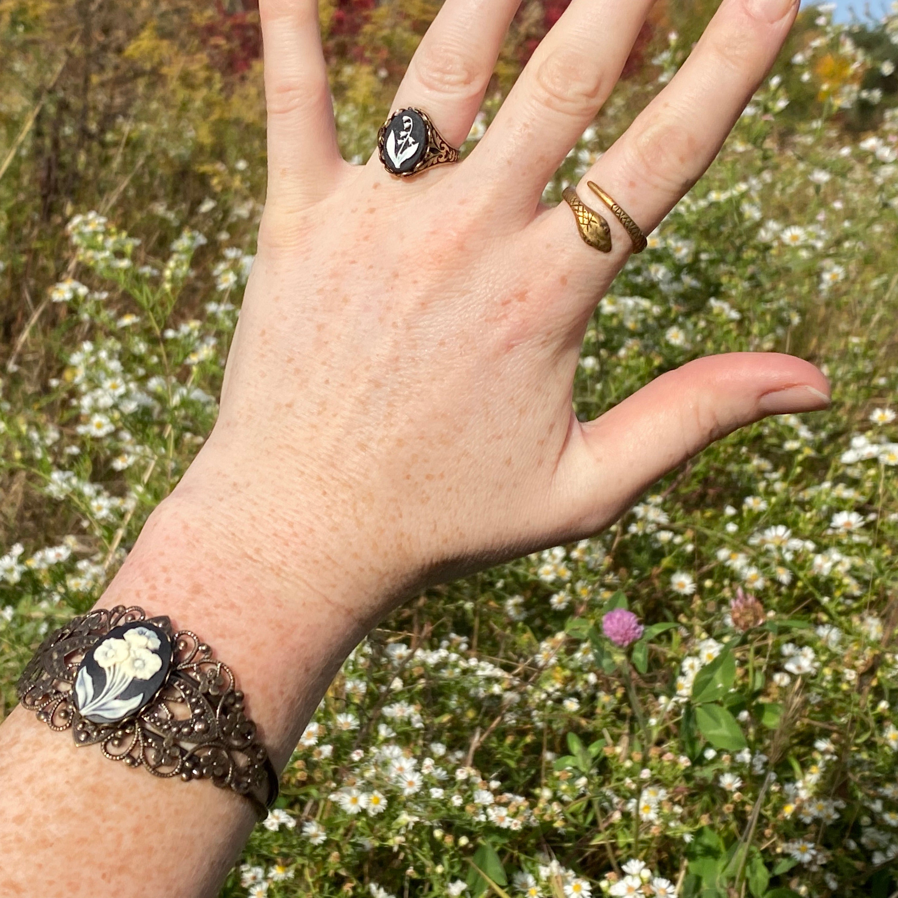 Cameo Cuff Bracelet- Honey Bee, Dragonfly or Flower and Adjustable