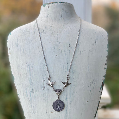 Letter Charm Necklace with Birds- in Antiqued Brass or Silver.