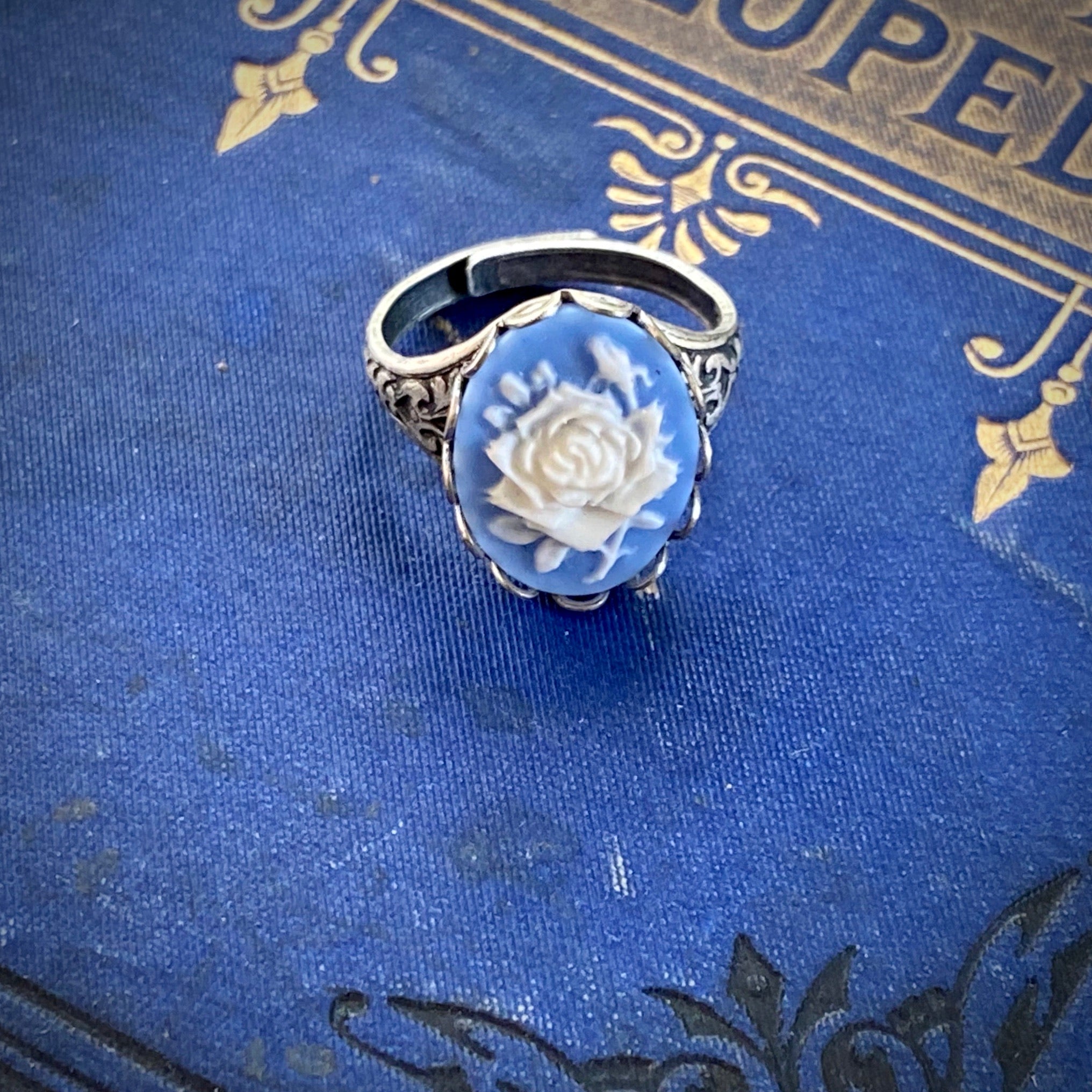 Blue Rose Cameo Ring in Antiqued Silver or Brass