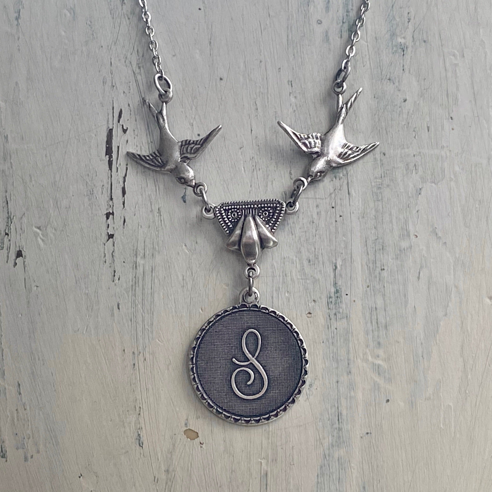 Letter Charm Necklace with Birds- in Antiqued Brass or Silver.