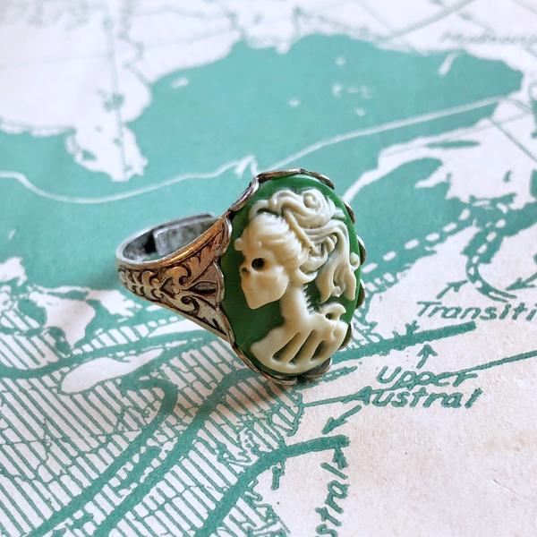 Skeleton Lady Cameo Ring- Green and Brass