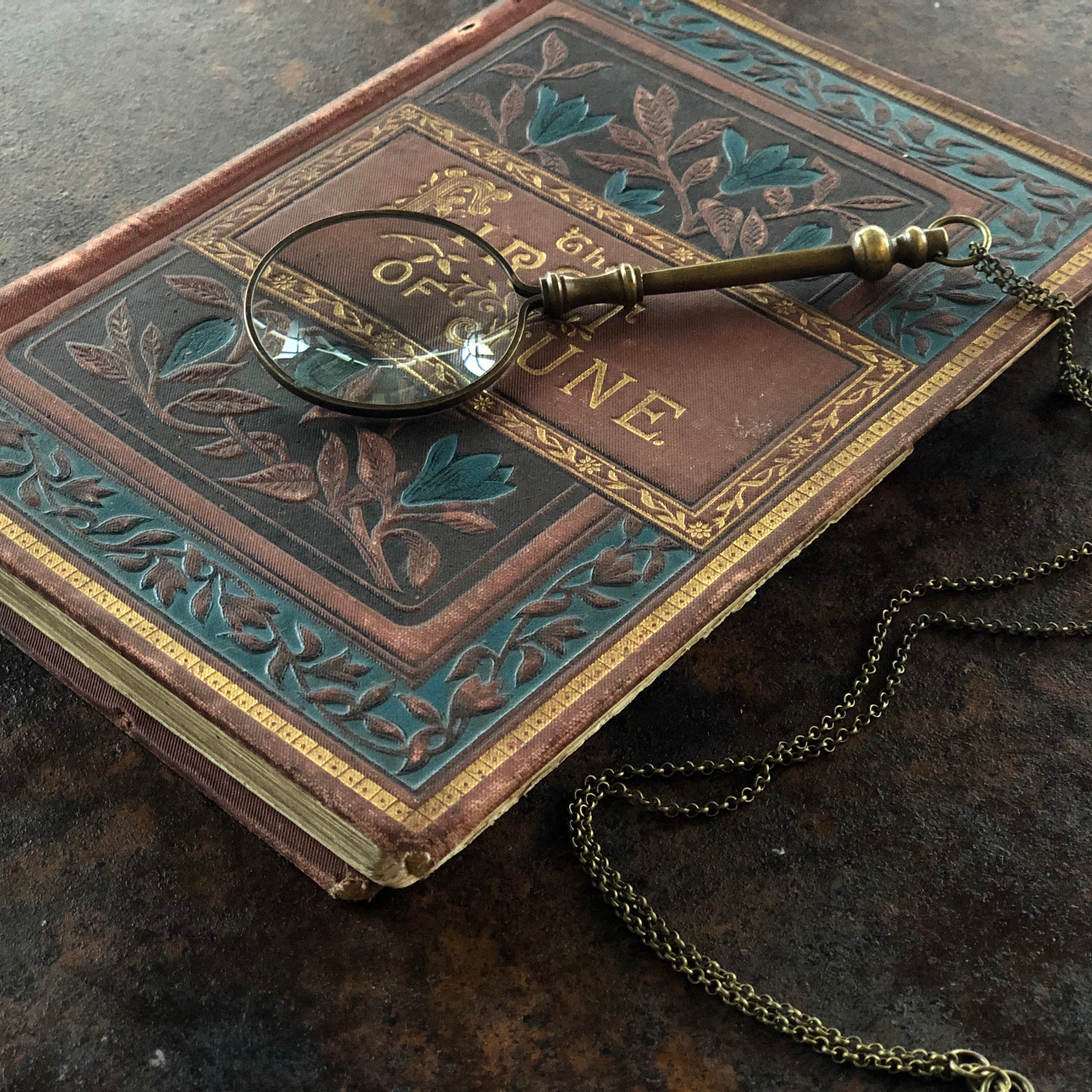 antiqued brass vintage style useful long necklace for magnifying great gift for mom