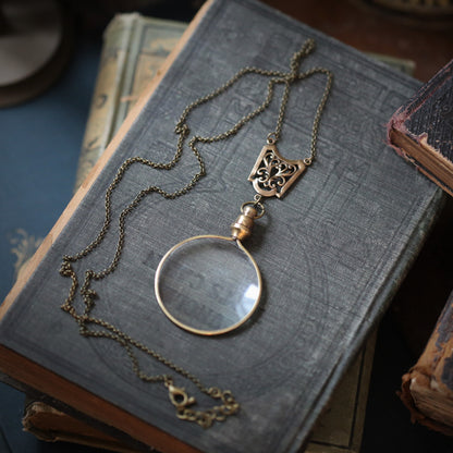 antiqued brass modern vintage inspired round glass page viewer monocle pendant long necklace with lattice chain a useful gift for grandma.