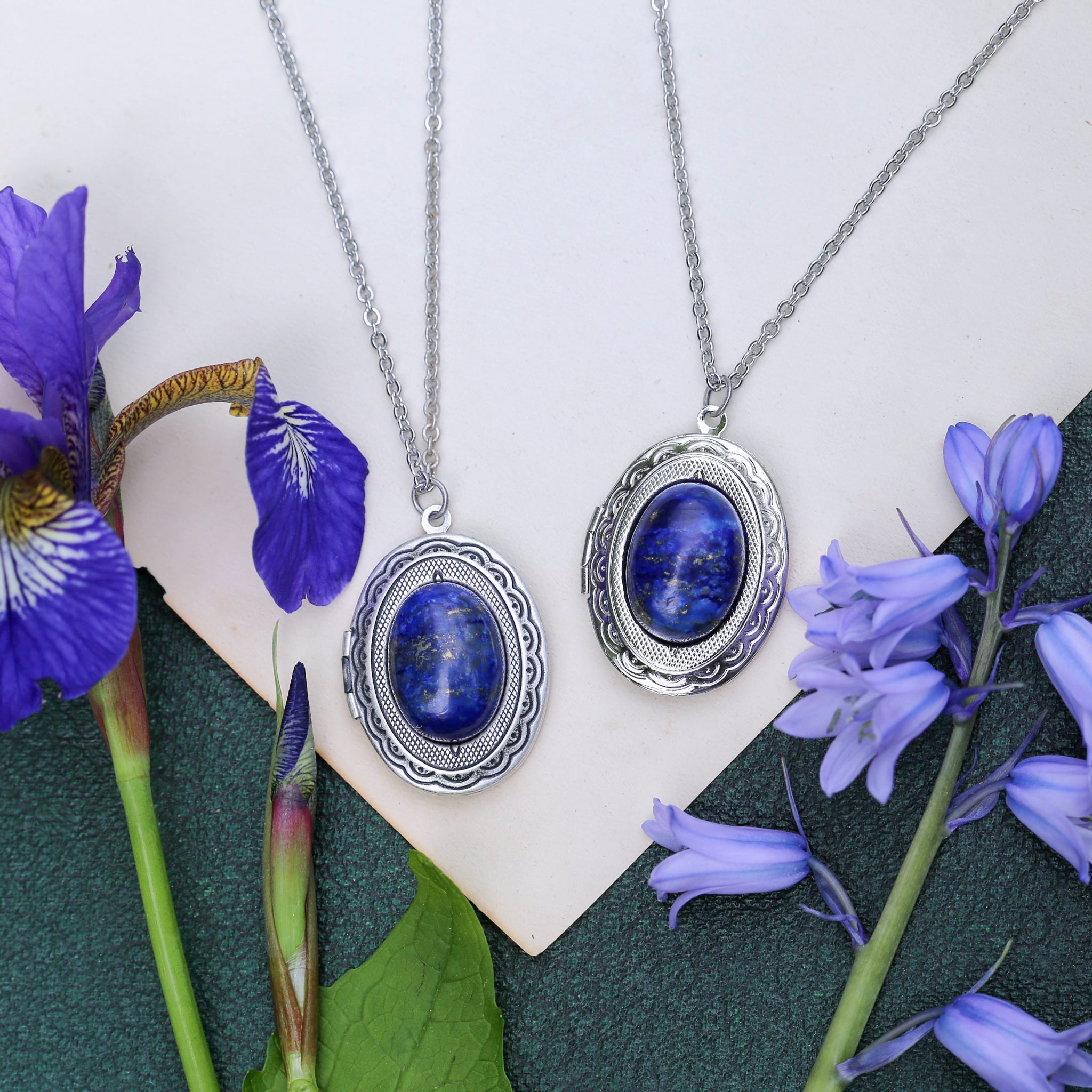 antiqued silver vintage style blue lapis lazuli semi-precious mineral oval stone lockets in lunar punk style