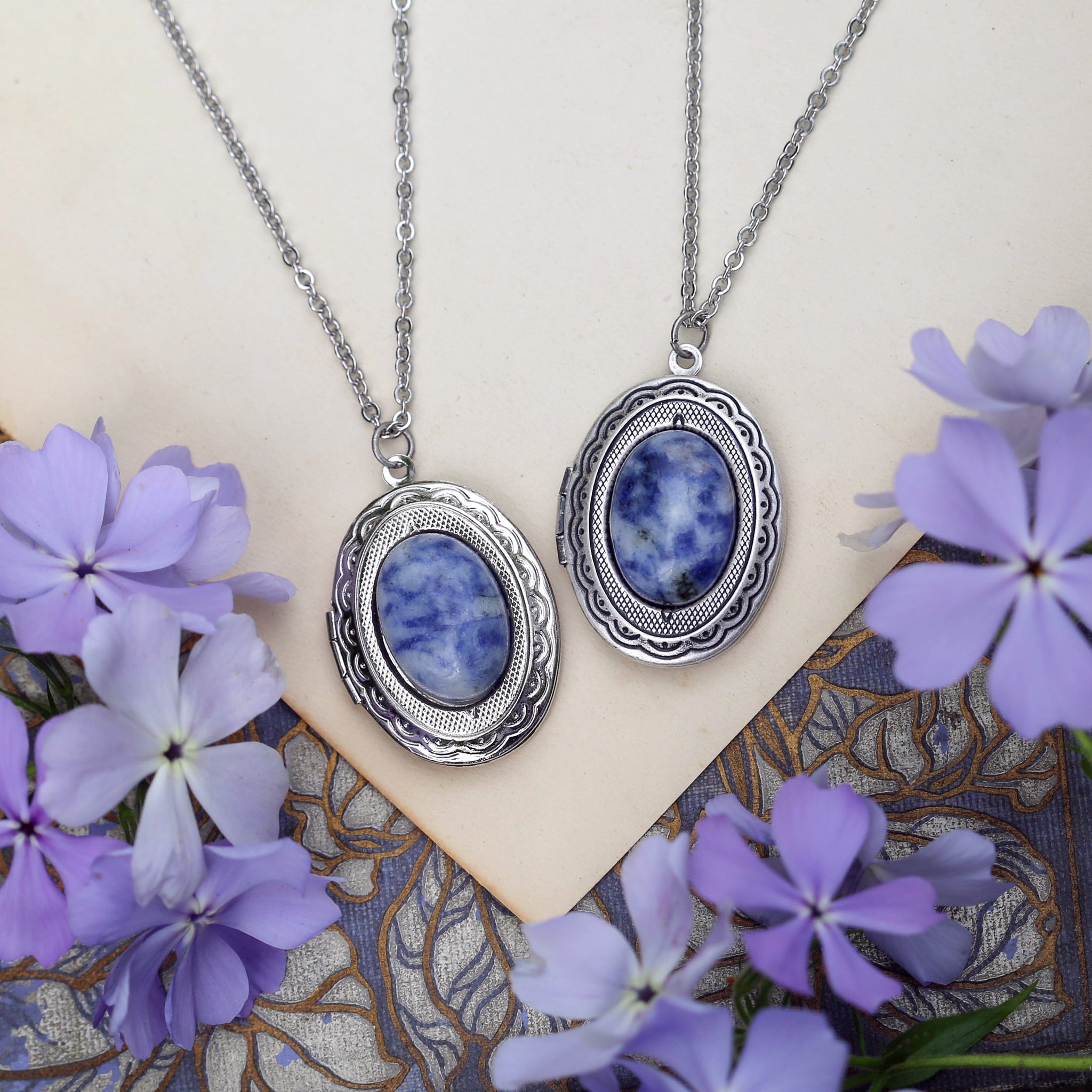 antiqued silver vintage style blue howlite semi-precious mineral oval stone lockets in coastal cowgirl style