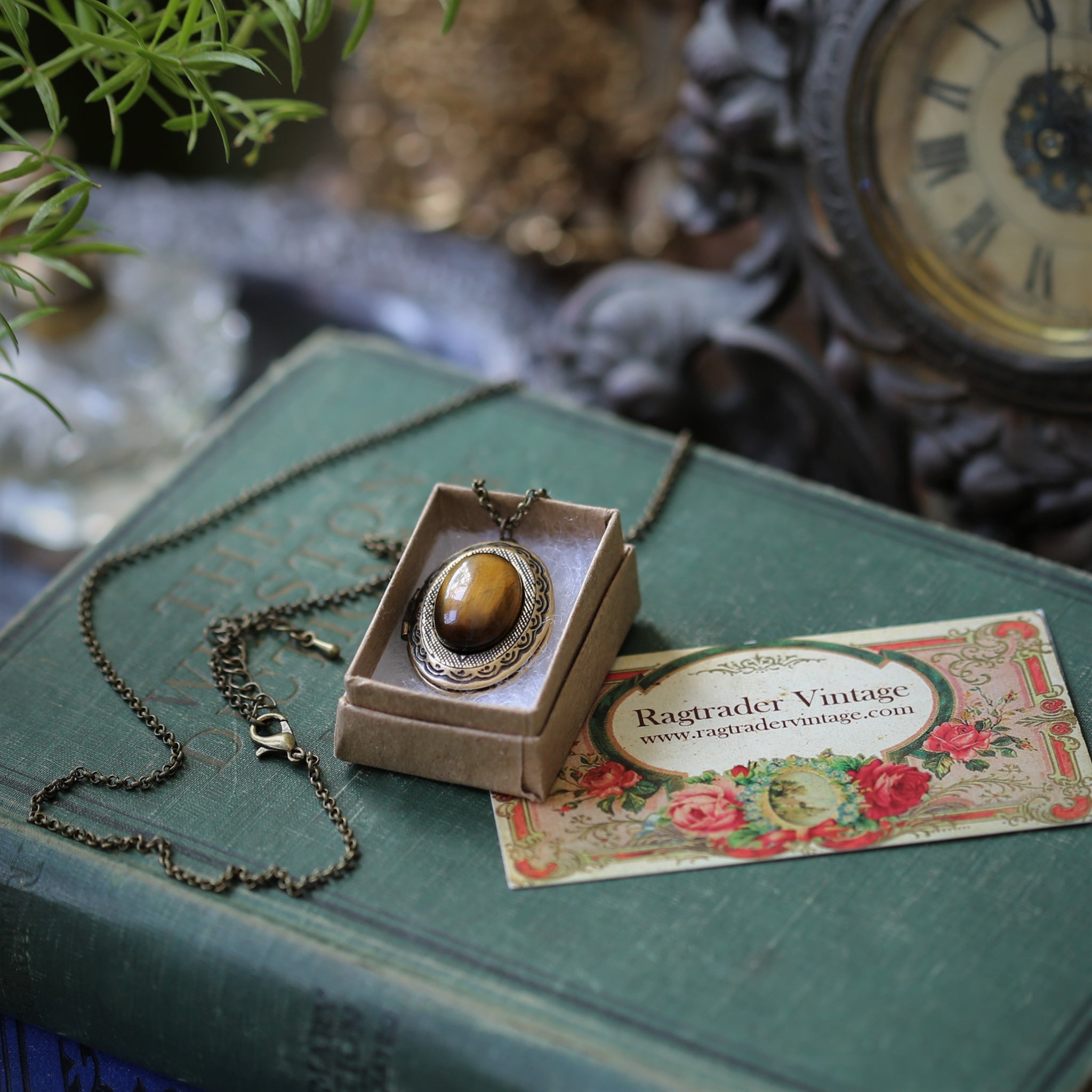 Antiqued brass period piece long oval brown tiger eye semi-precious stone mineral locket in retro fall aventurecore style great functional gift for girlfriend.