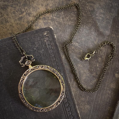 antiqued brass vintage style magnifying glass useful monocle long necklace in Victorian style