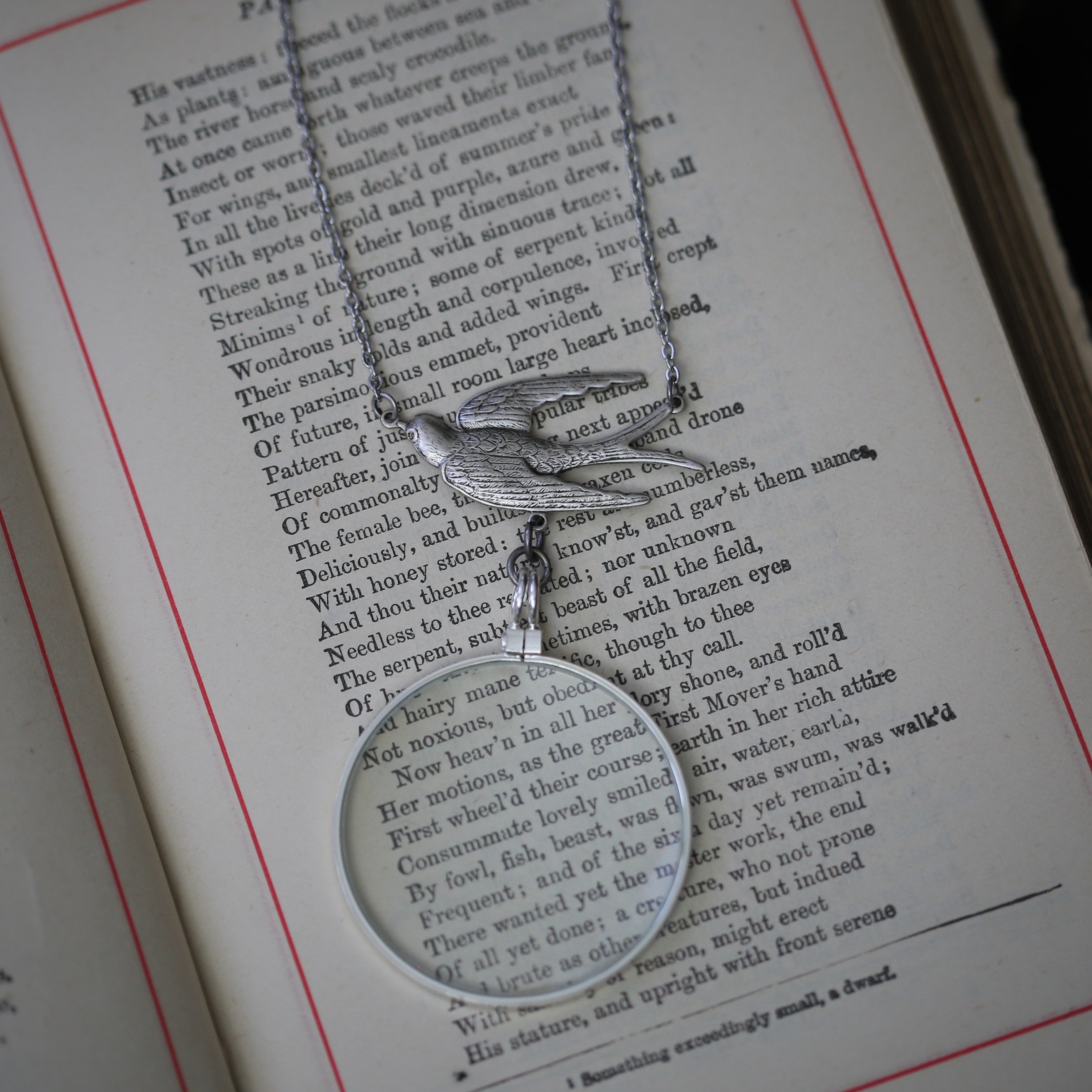 antiqued silver vintage style monocle magnifying glass useful necklace with bird filigree.