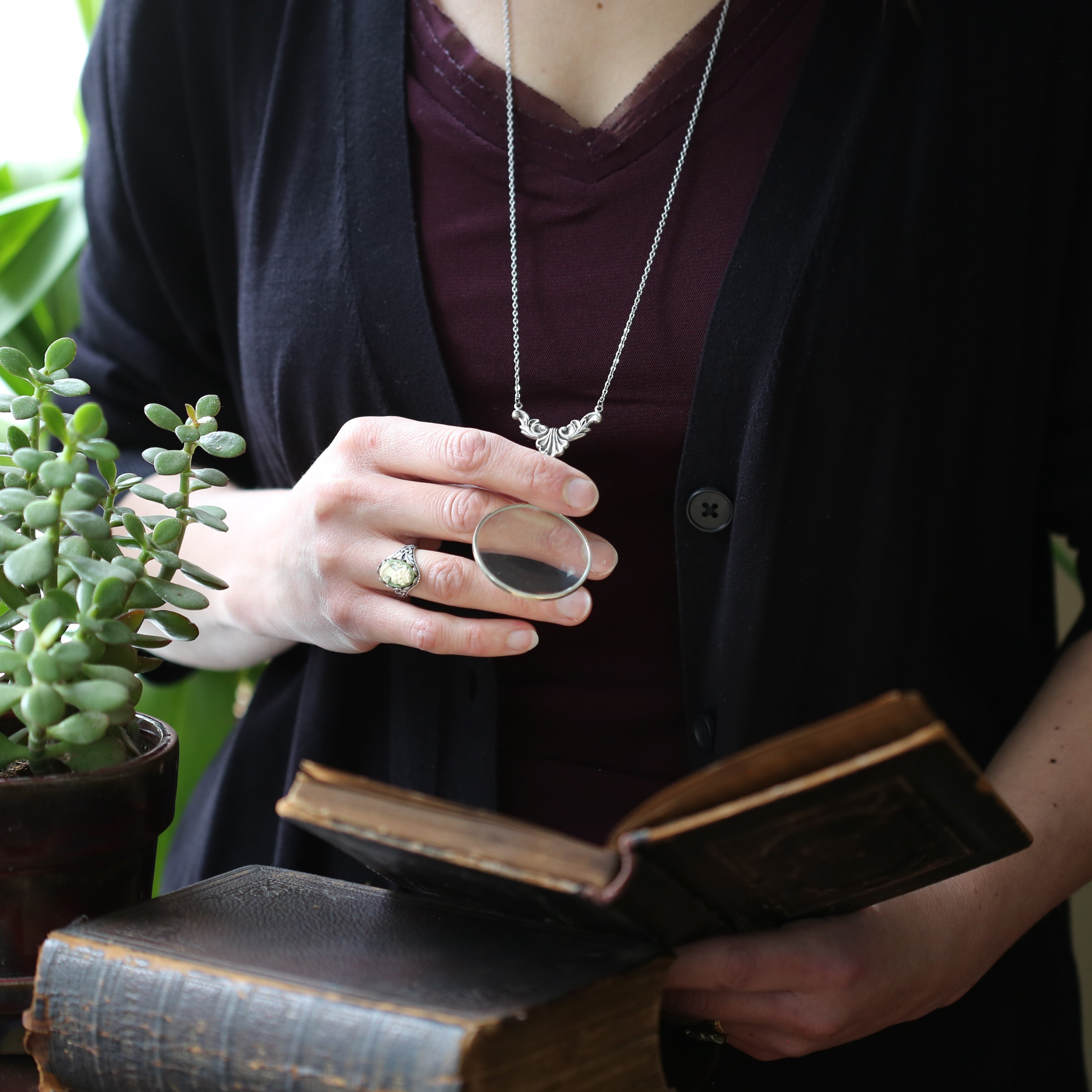 antiqued silver vintage style monocle magnifying glass useful necklace in academia style.