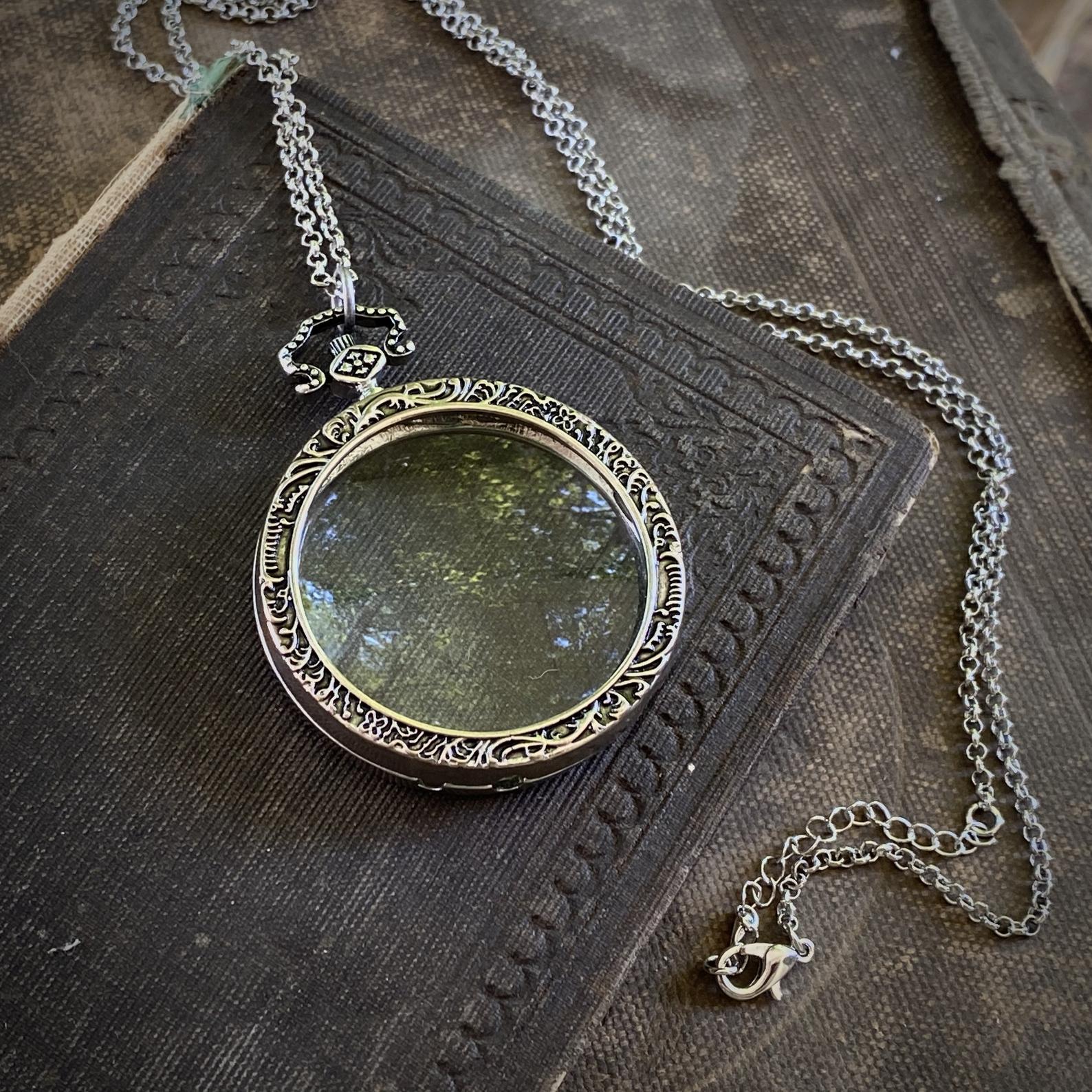 antiqued silver vintage style magnifying glass useful thick monocle long necklace in boho style jewelry