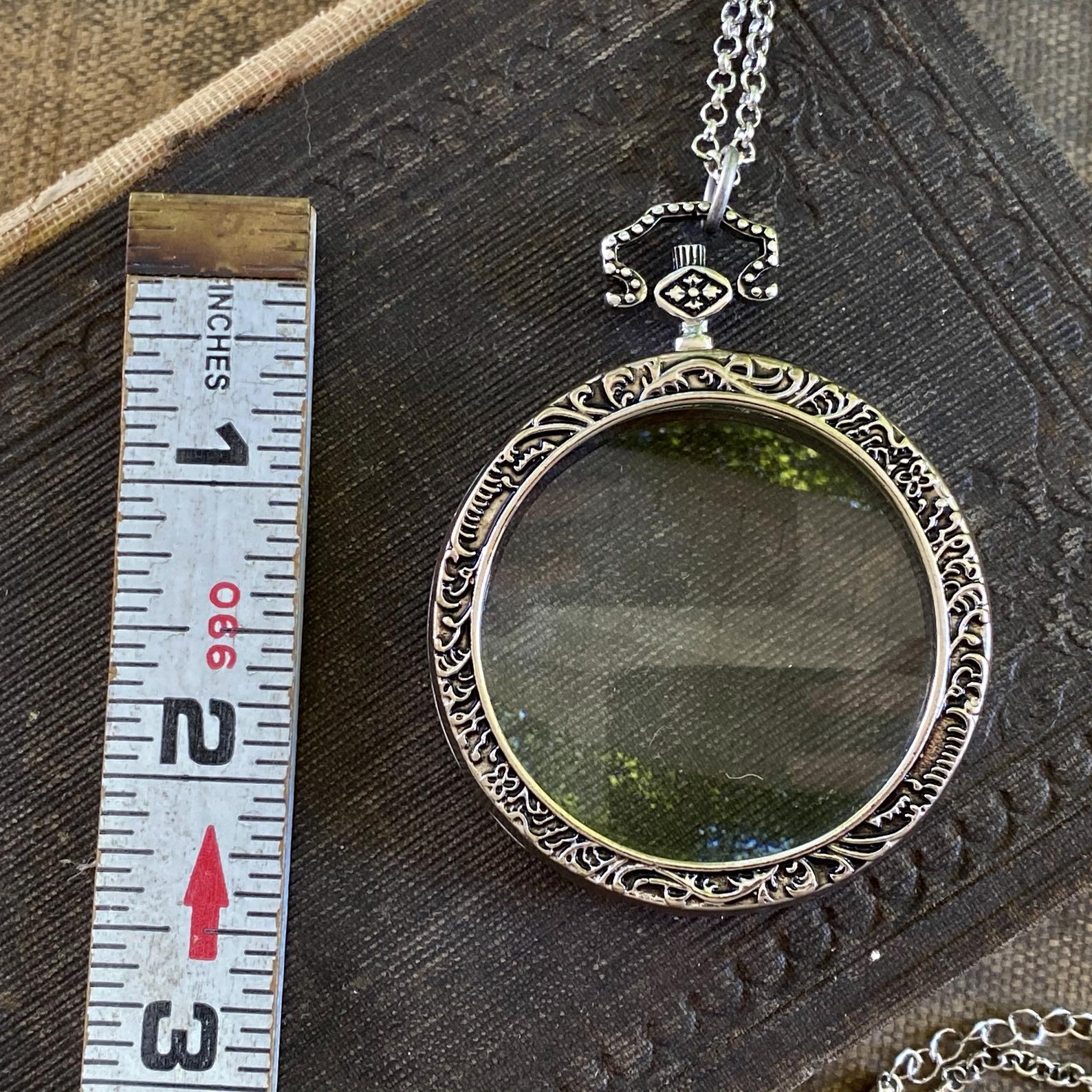 antiqued silver vintage style magnifying glass useful thick monocle long necklace would make a thoughtful gift