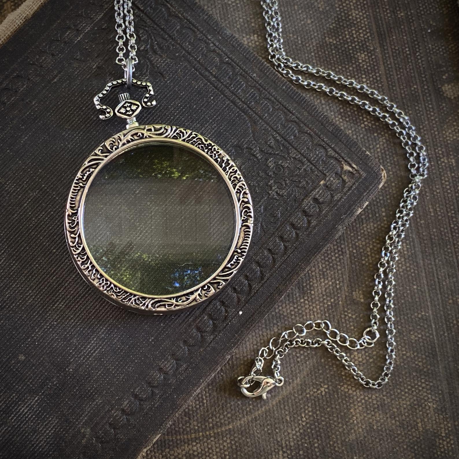 antiqued silver vintage style magnifying glass useful thick monocle long necklace in old fashioned adventurecore style jewelry