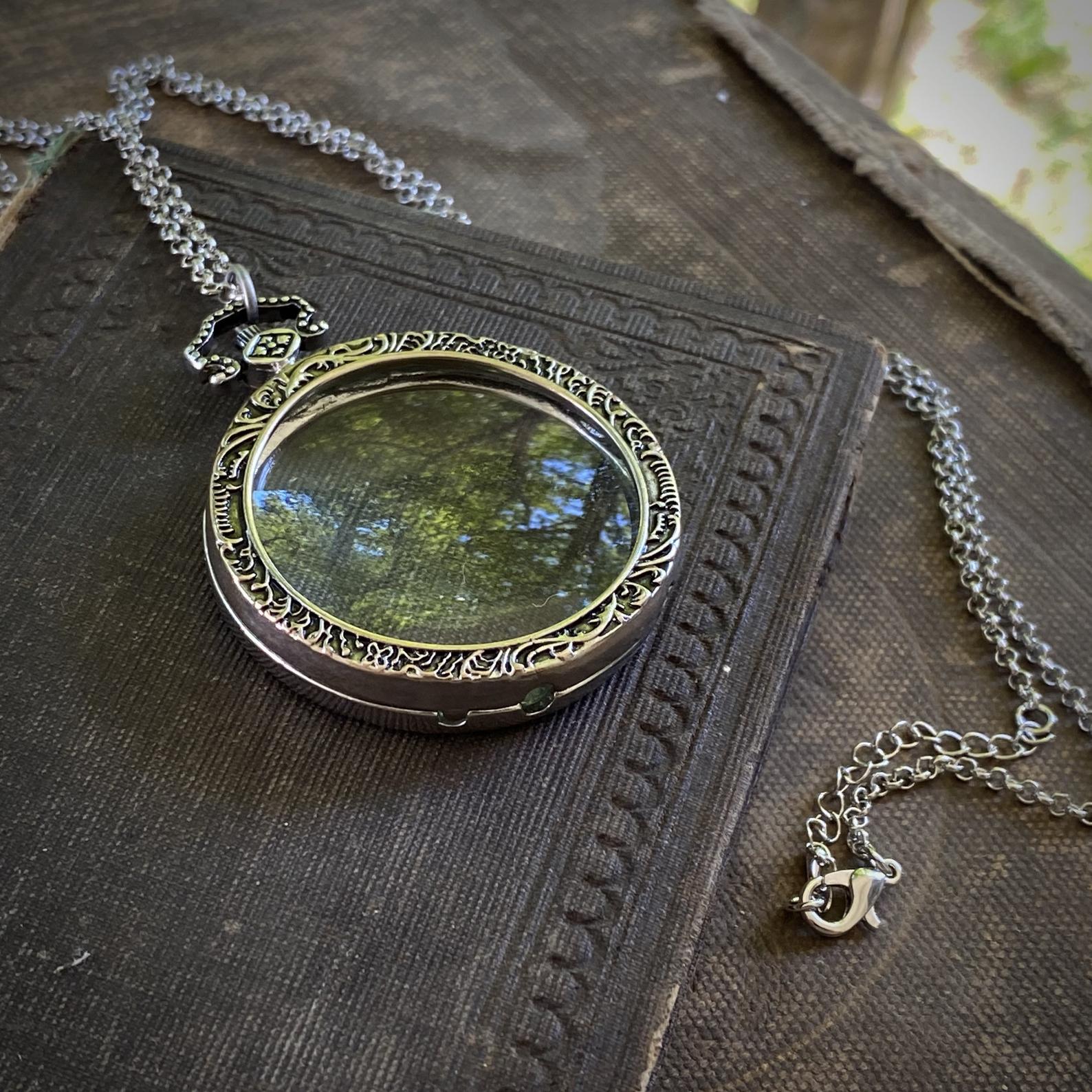 antiqued silver vintage style magnifying glass useful thick monocle long necklace in boho style jewelry