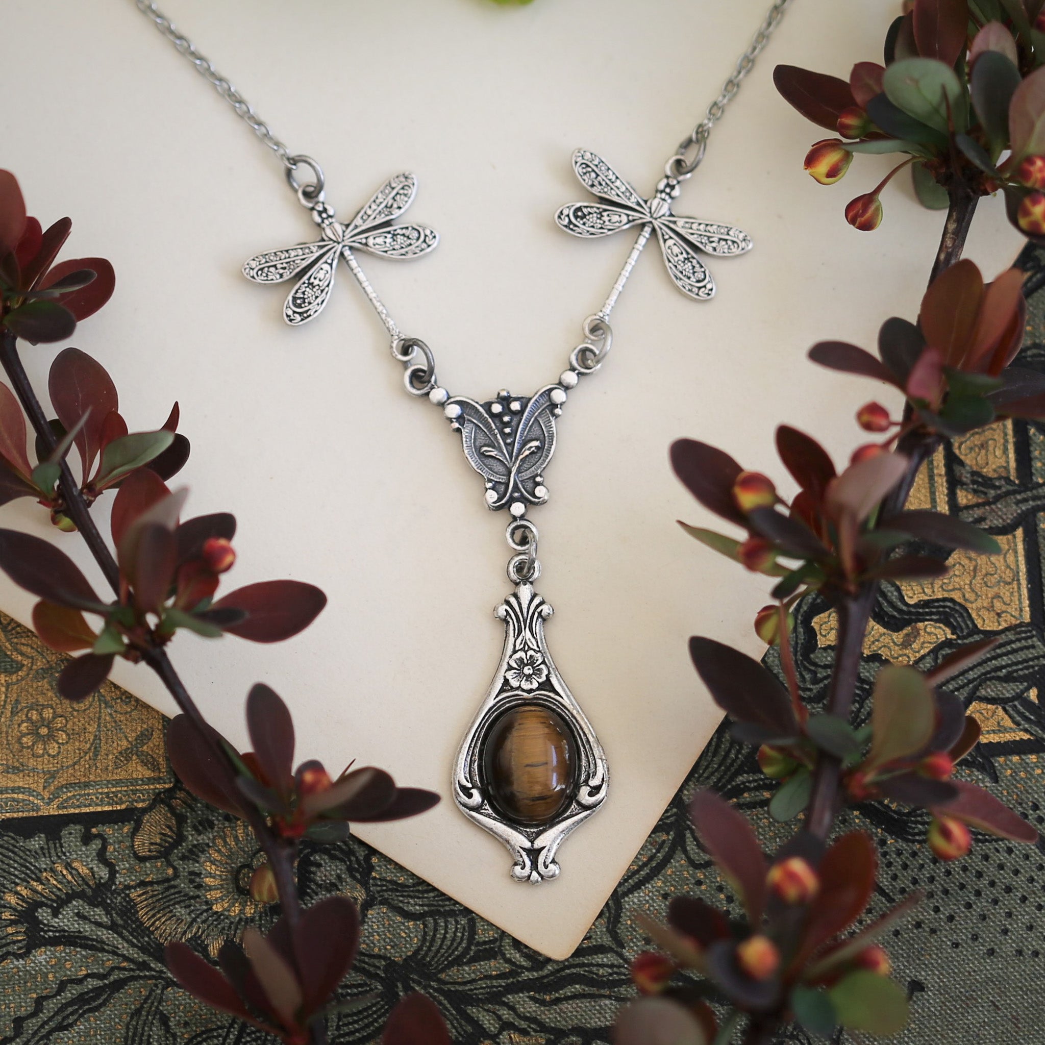 antiqued silver vintage-style dragonfly and brown tiger eye stone pendant drop necklace in autumn victorian style