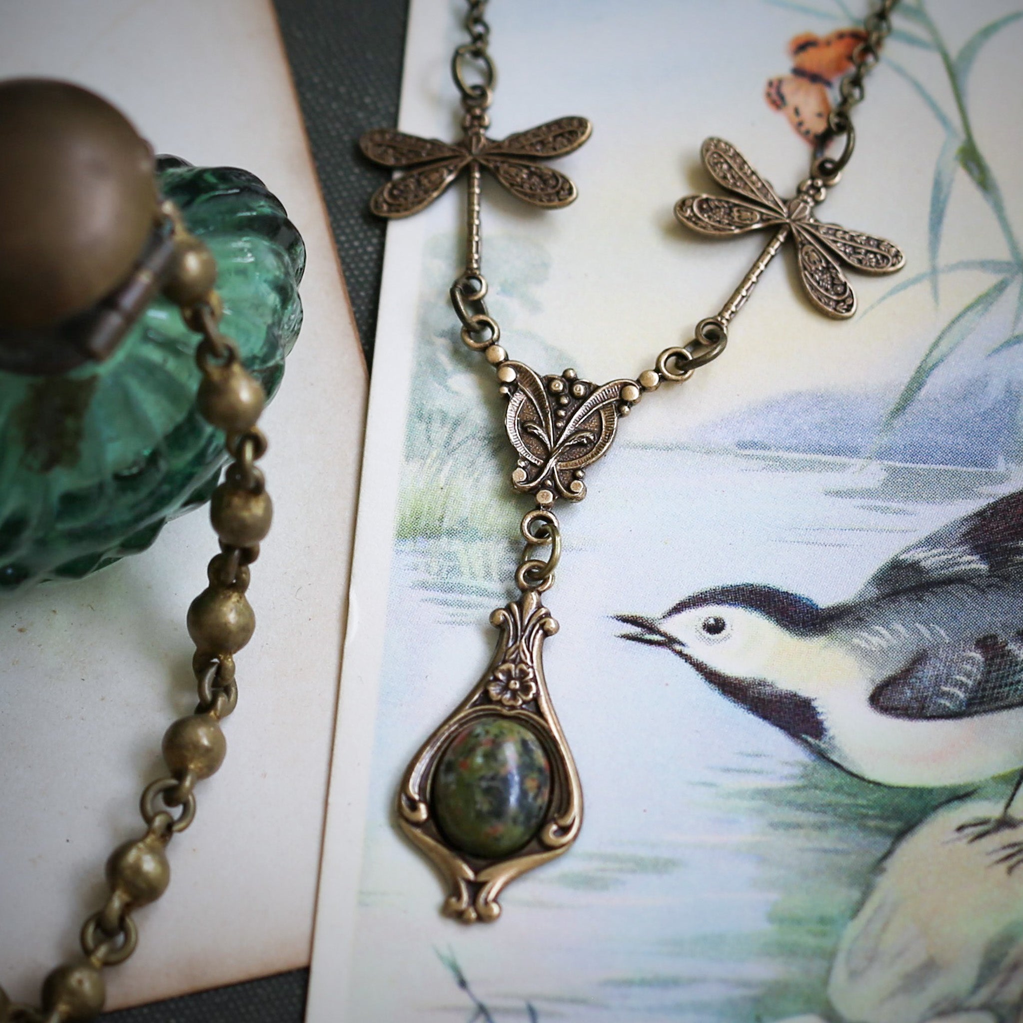 antiqued brass vintage-style dragonfly and green unakite stone pendant drop necklace in autumn edwardian style