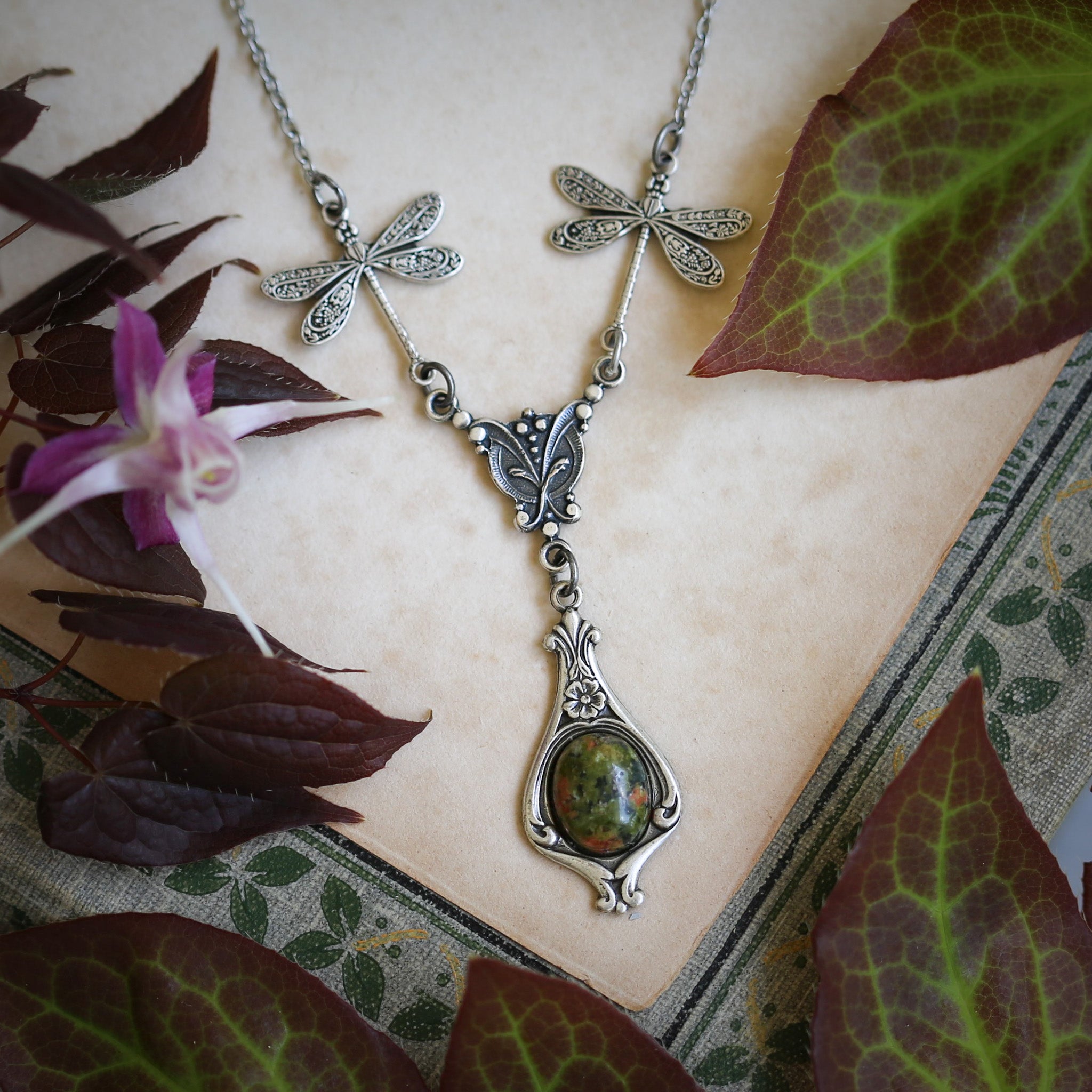 antiqued silver vintage-style dragonfly and green and orange unakite stone pendant drop necklace in autumn cottagecore style