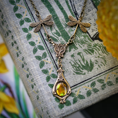 antiqued brass vintage-style dragonfly and yellow shell pendant drop necklace in autumn medieval style