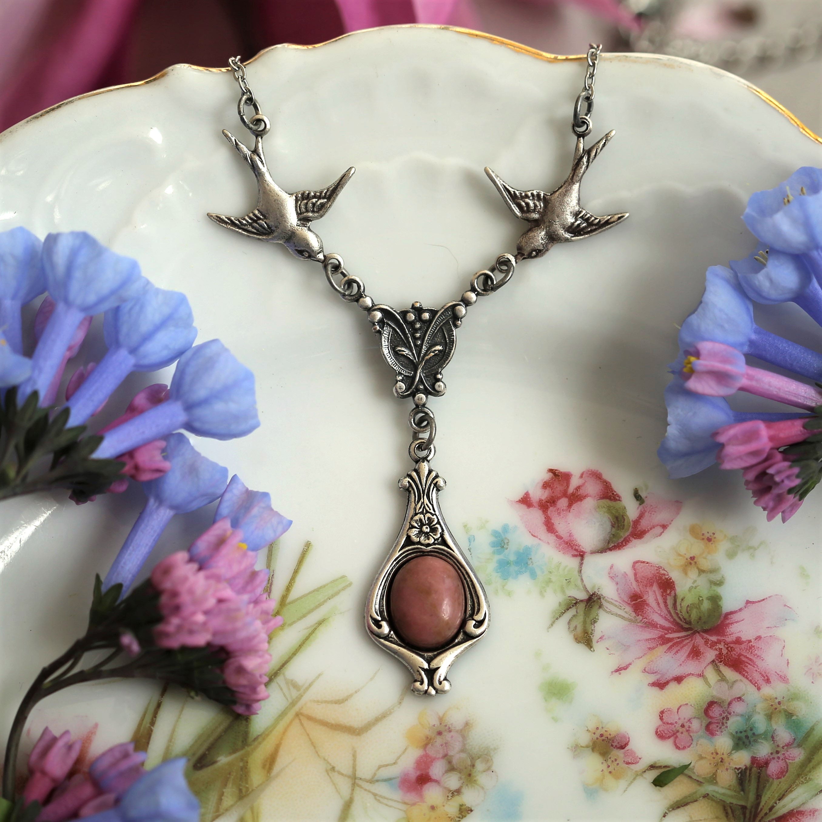 antiqued brass vintage style princess core rose soft pink rhodonite stone pendant drop necklace with birds perfect for weddings, prom, or formal dance ensembles