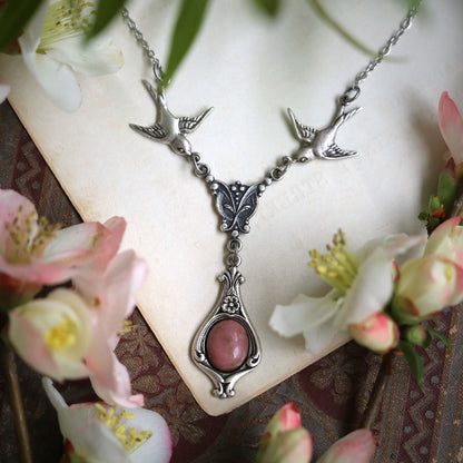 antiqued silver vintage style princess core rose soft pink rhodonite stone pendant drop necklace with birds perfect for weddings, prom, or formal dance ensembles