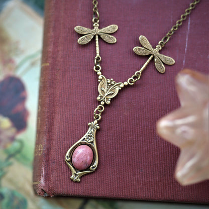 antiqued brass vintage style princess core rose soft pink rhodonite stone pendant drop necklace with dragonflies perfect for weddings, prom, or formal dance ensembles