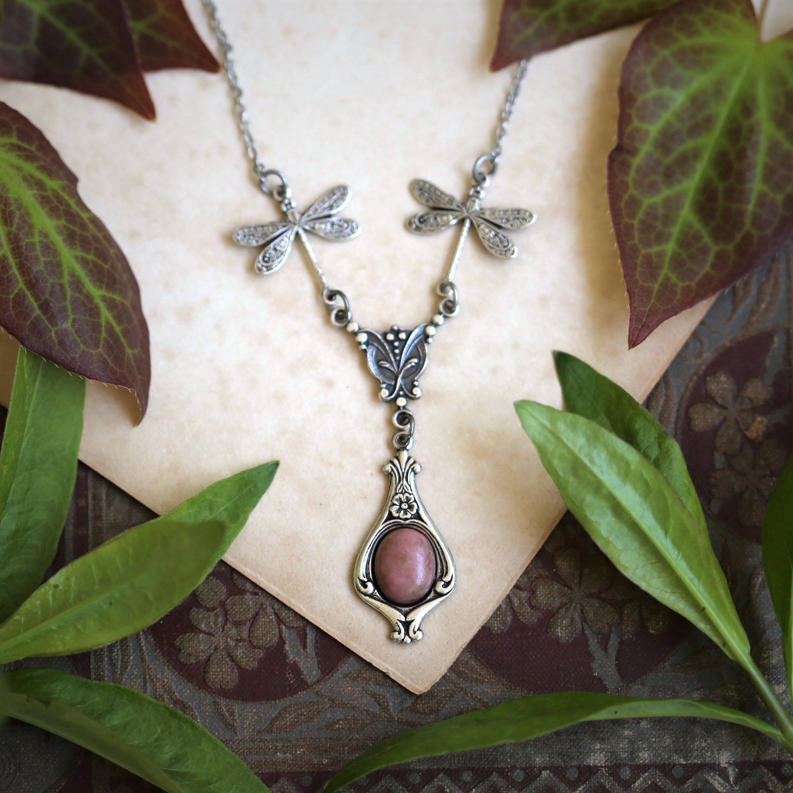 Antiqued silver pink rhodonite rose colored semi-precious stone mineral drop necklace with dragonflies perfect for prom or wedding bridesmaids. 