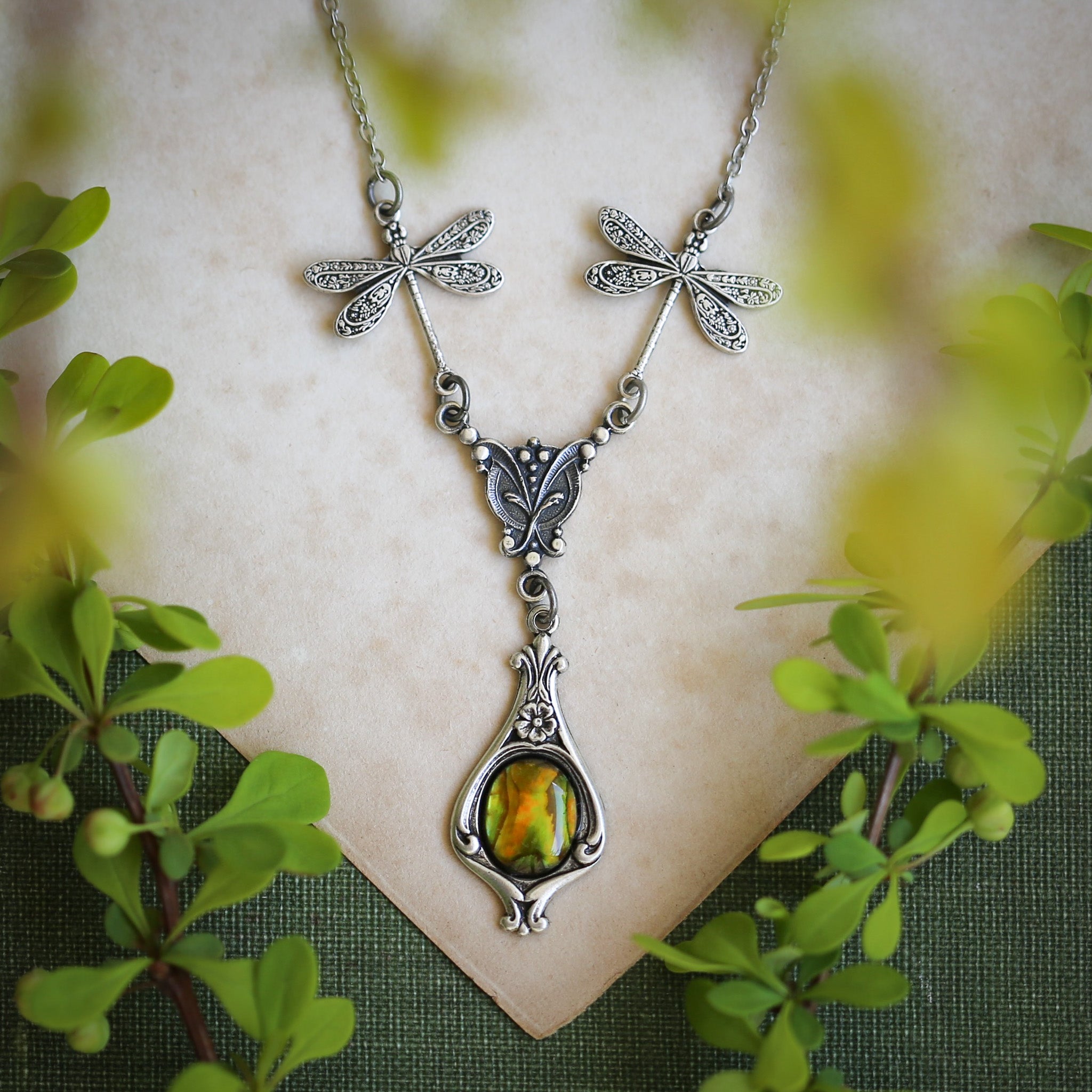 antiqued silver vintage-style dragonfly and yellow shell pendant drop necklace in autumn academia style