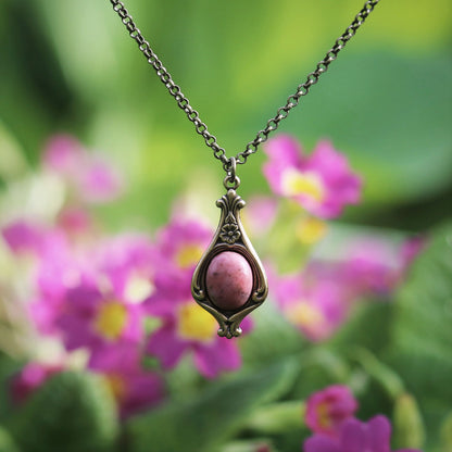 antiqued brass vintage style simple basic girl rose soft pink rhodonite stone pendant drop necklace