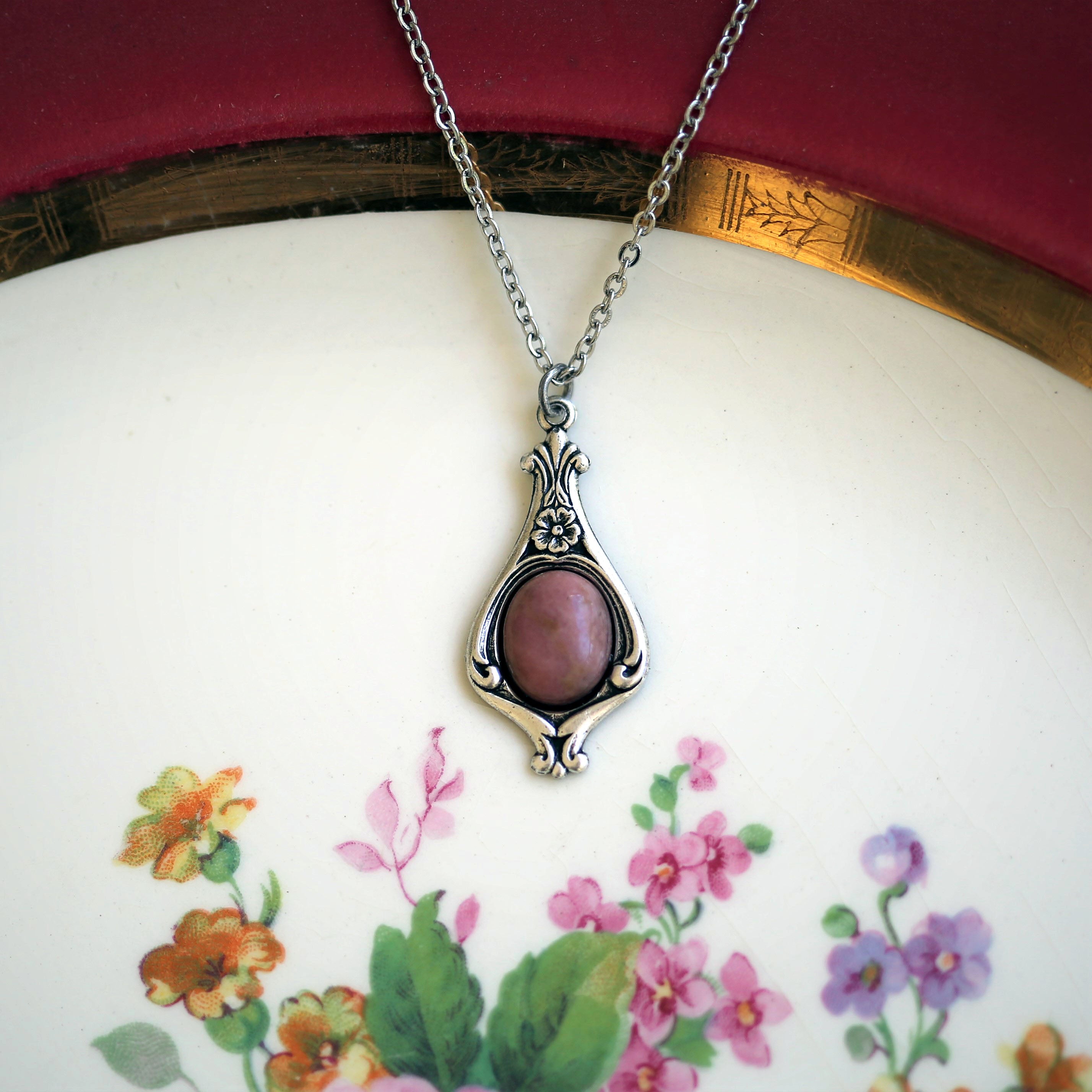 antiqued silver vintage style simple basic girl rose soft pink rhodonite stone pendant drop necklace