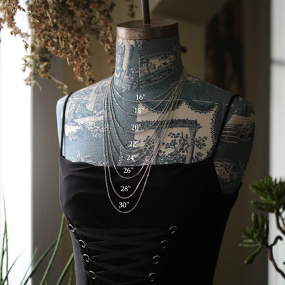 Simple chains displaying length options. Options are 16 inches, 18 inches, 20 inches, 22 inches, 24 inches, 26 inches, 28 inches, and 30 inches.