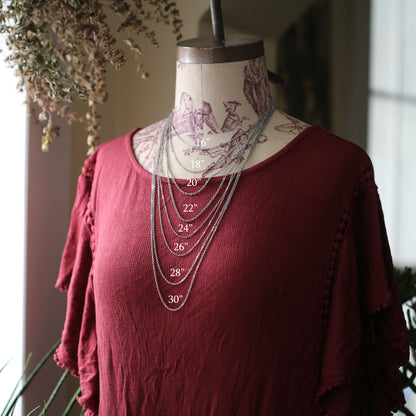 Simple chains displaying length options. Options are 16 inches, 18 inches, 20 inches, 22 inches, 24 inches, 26 inches, 28 inches, and 30 inches.