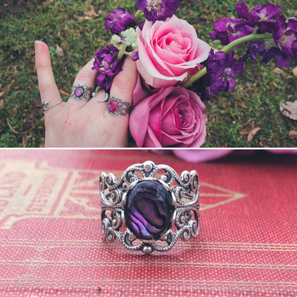 antiqued silver modern vintage inspired fully adjustable brass filigree band ring with an oval purple shell in the wedding style for bridesmaids